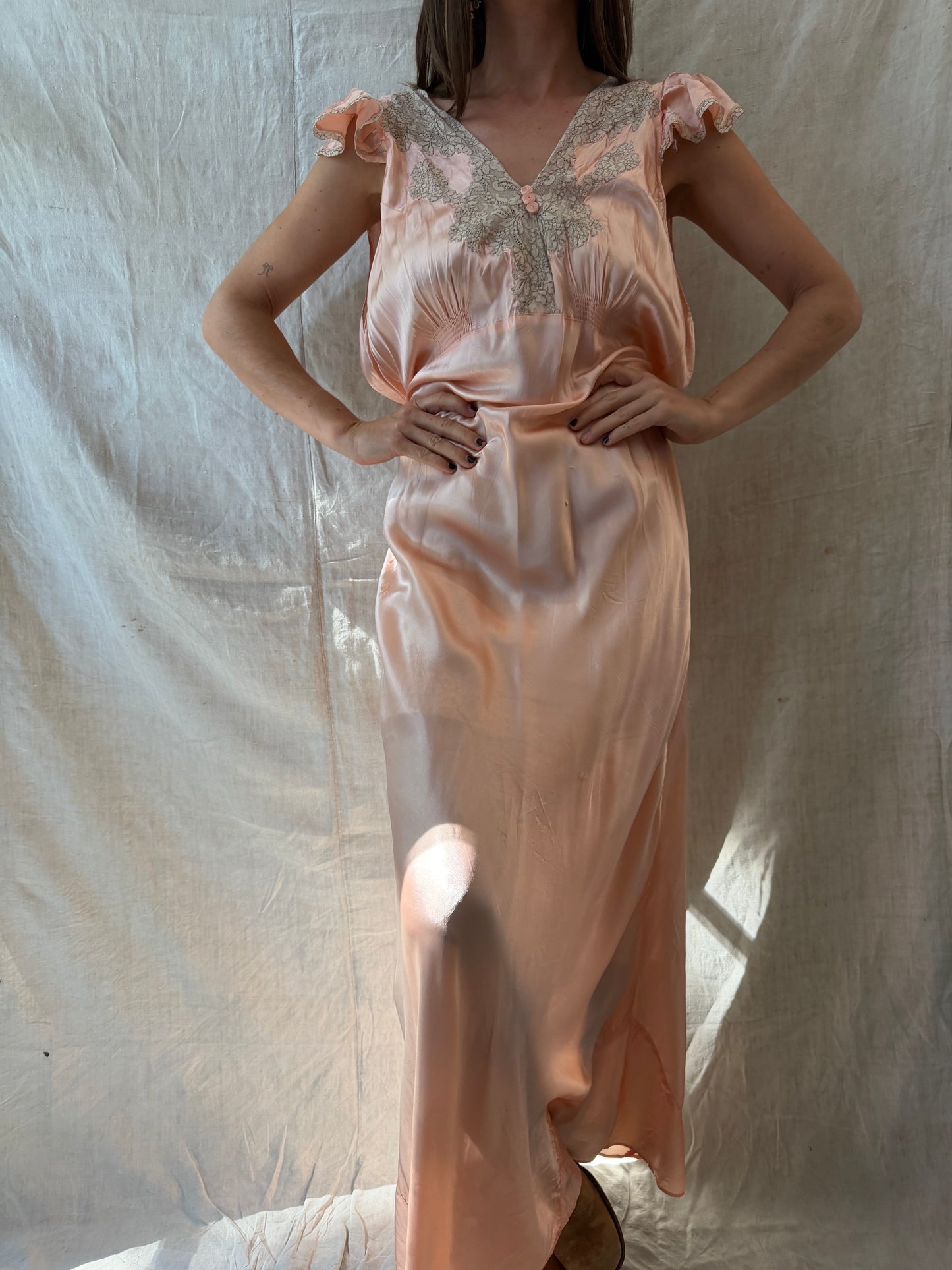 Ruffle Satin Peach Slip Dress