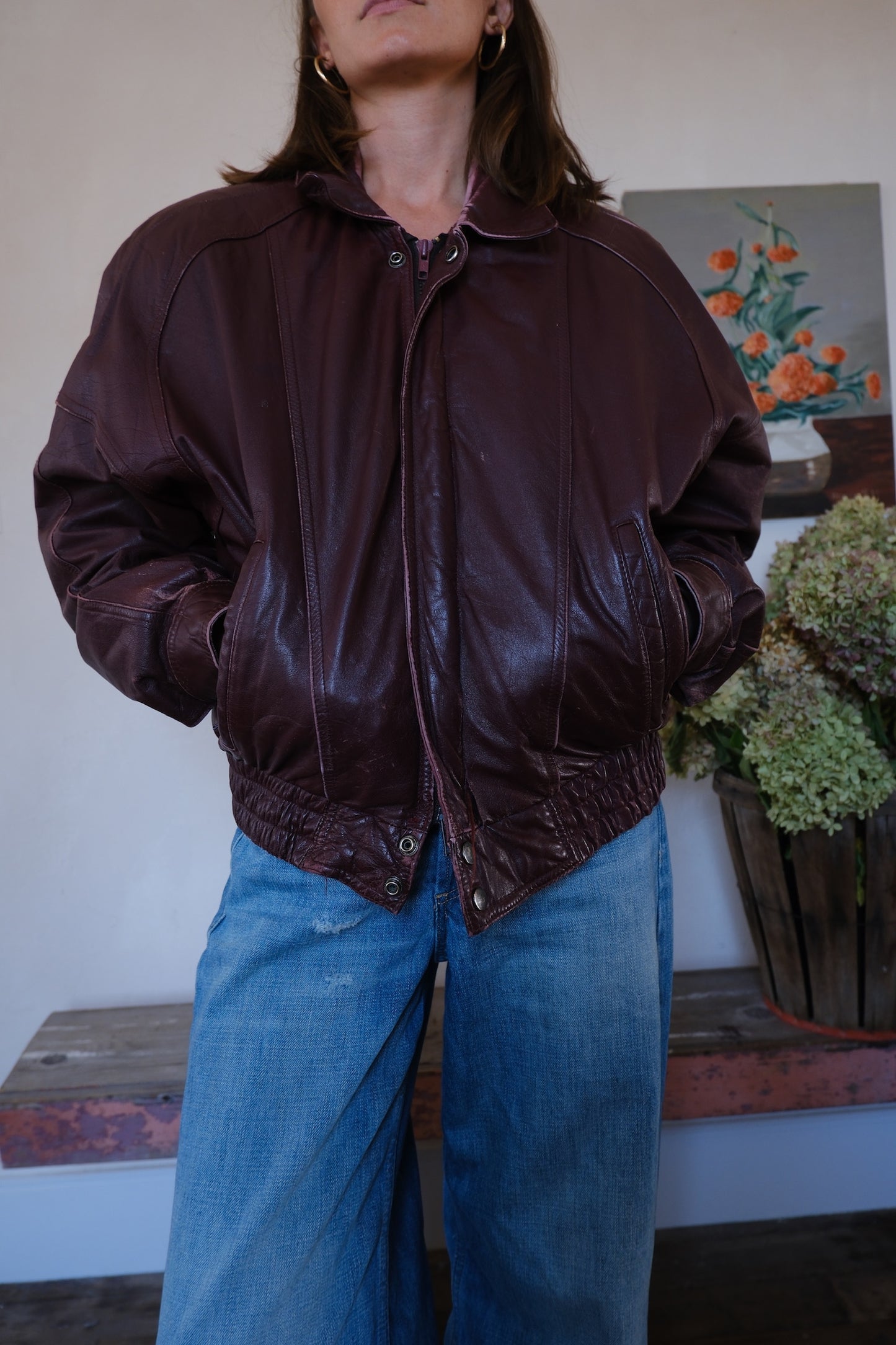 Burgundy Leather Bomber Jacket