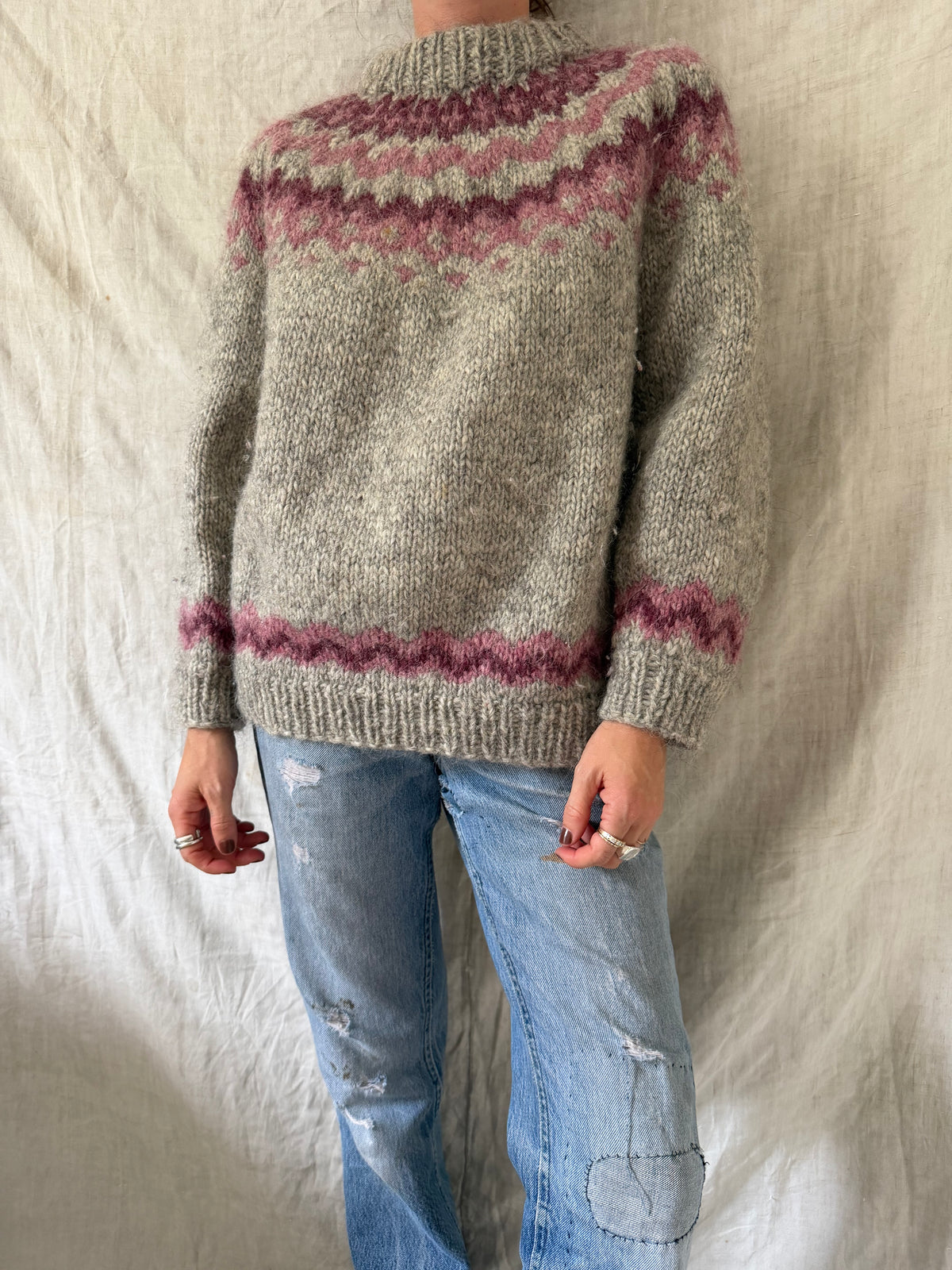Grey and Pink Icelandic Wool Sweater