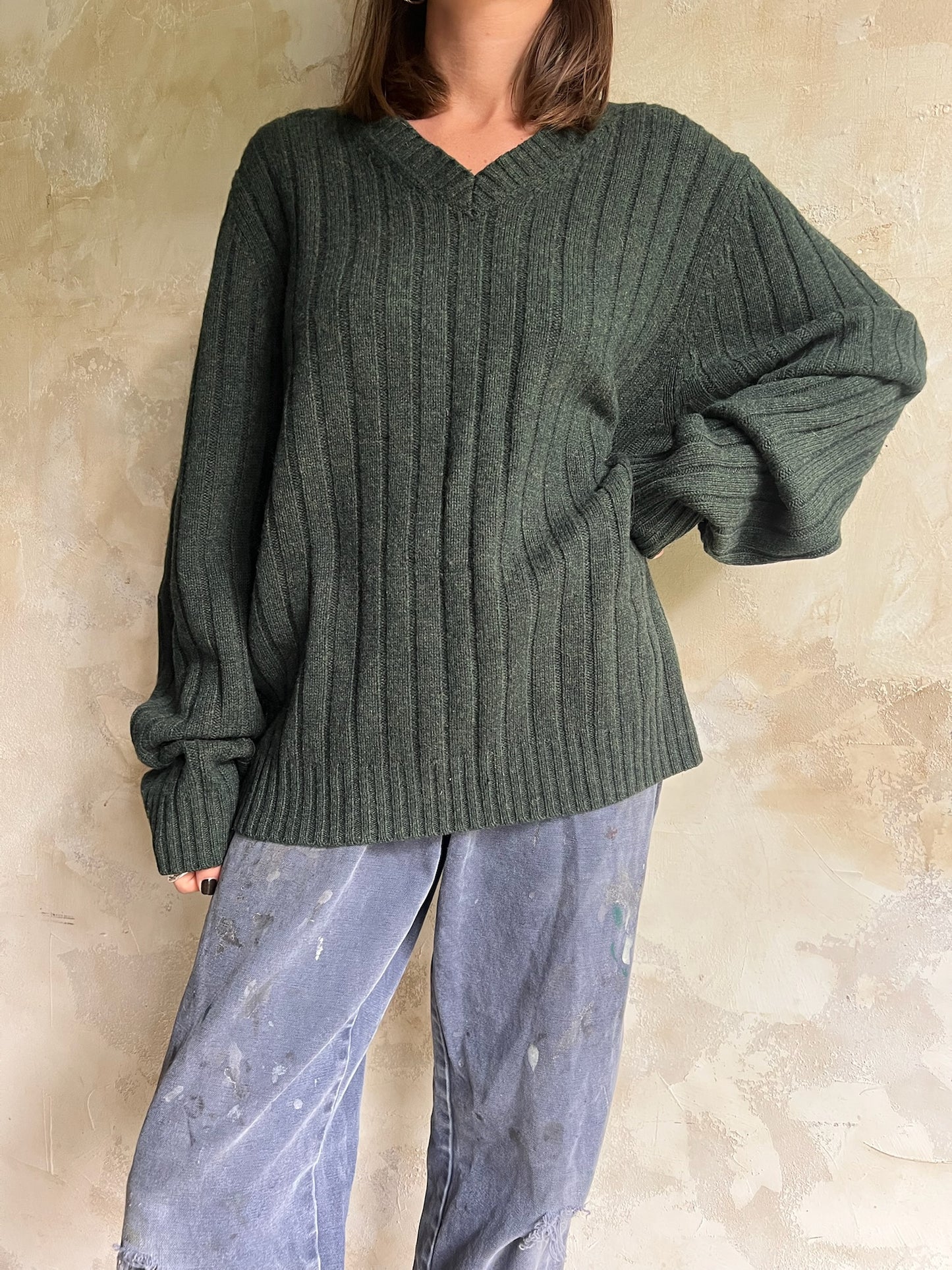 Hunter Green Wool Vneck Sweater