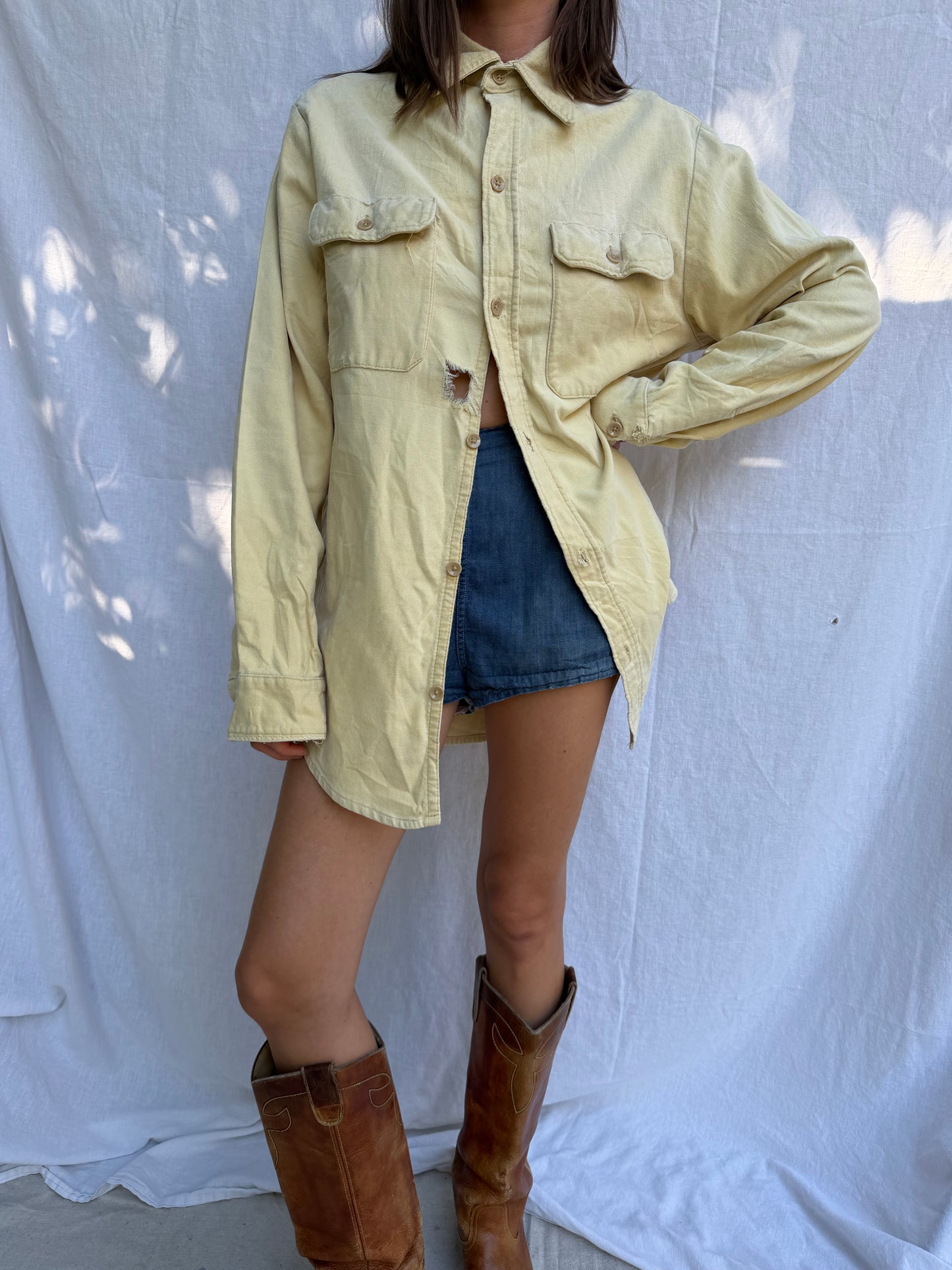 Super Loved Butter Yellow Distressed Button Up