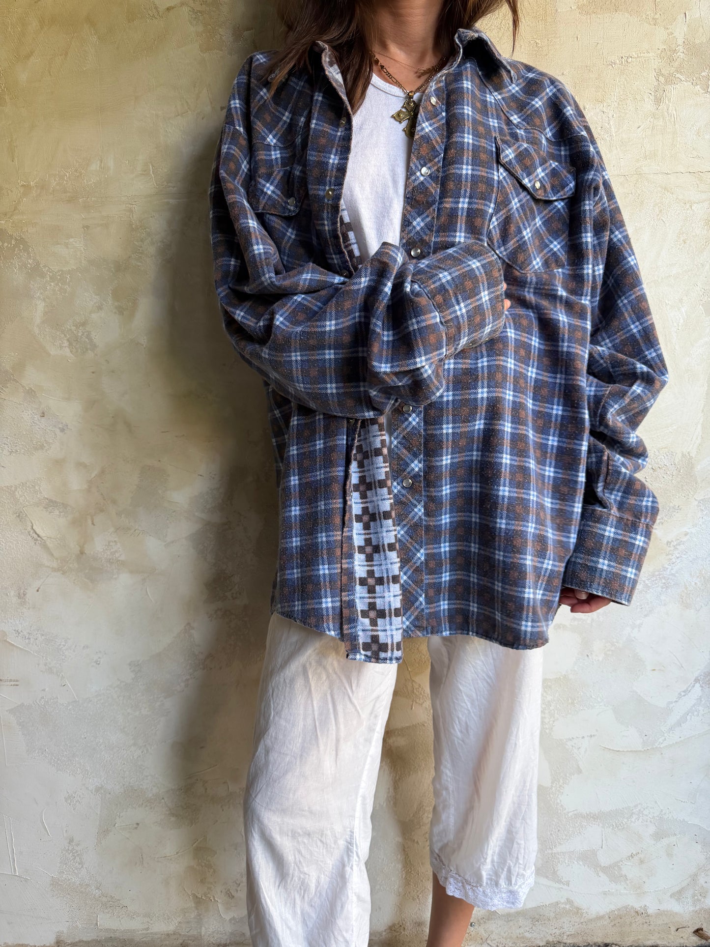 Worn Western Blue + Brown Flannel