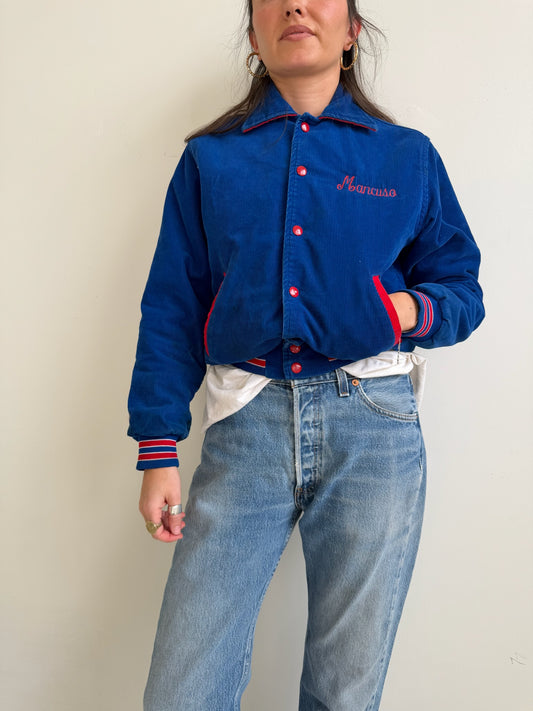Bright Blue + Red Corduroy Varsity Jacket