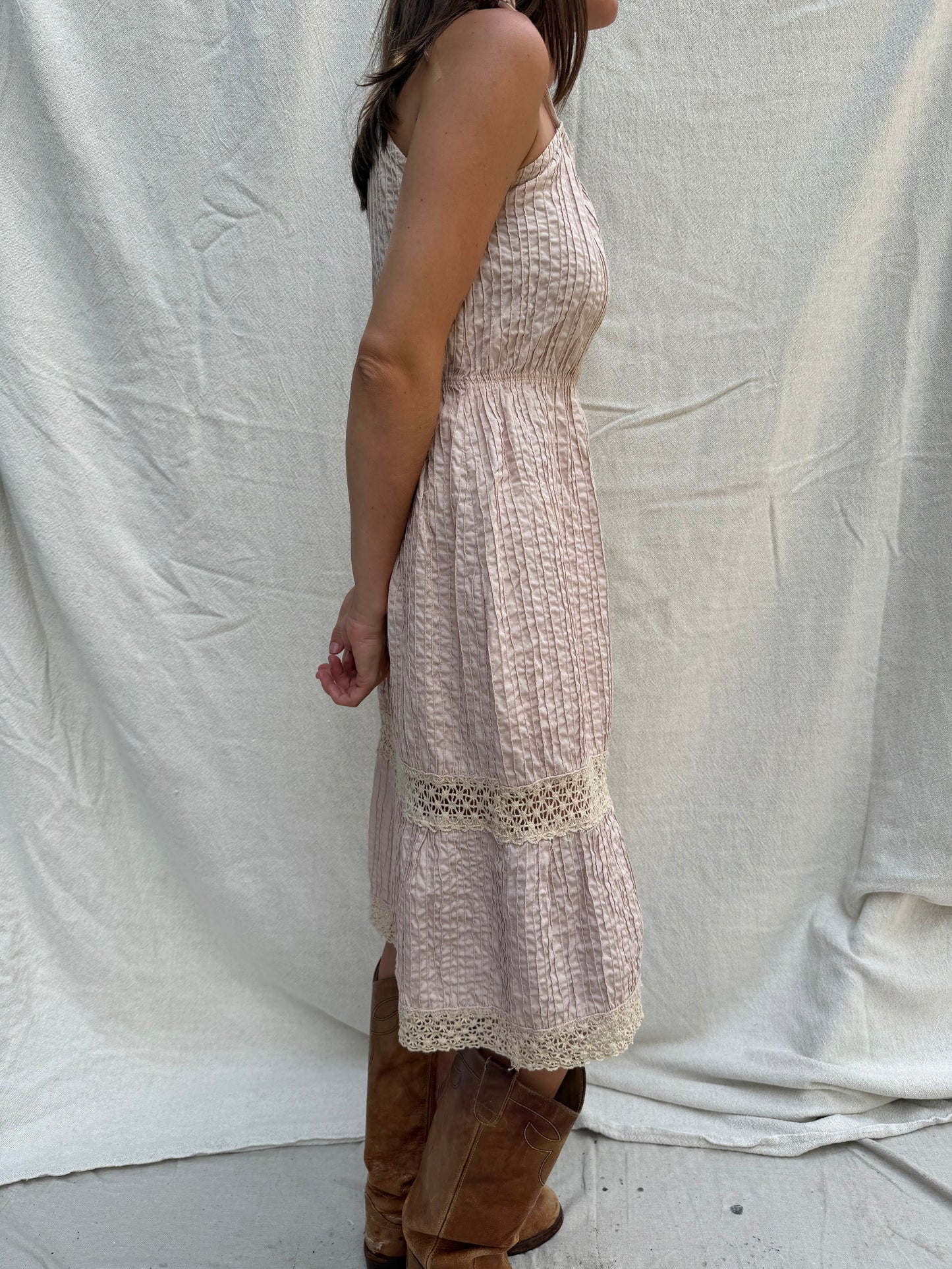 Dusty Rose 70s Crochet Tiered Dress