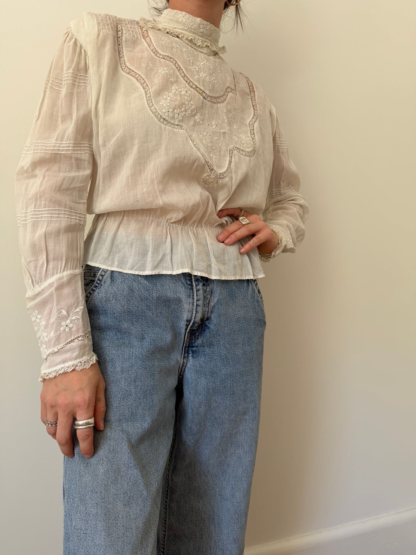 Victorian High Neck Embroidered Cotton Blouse-