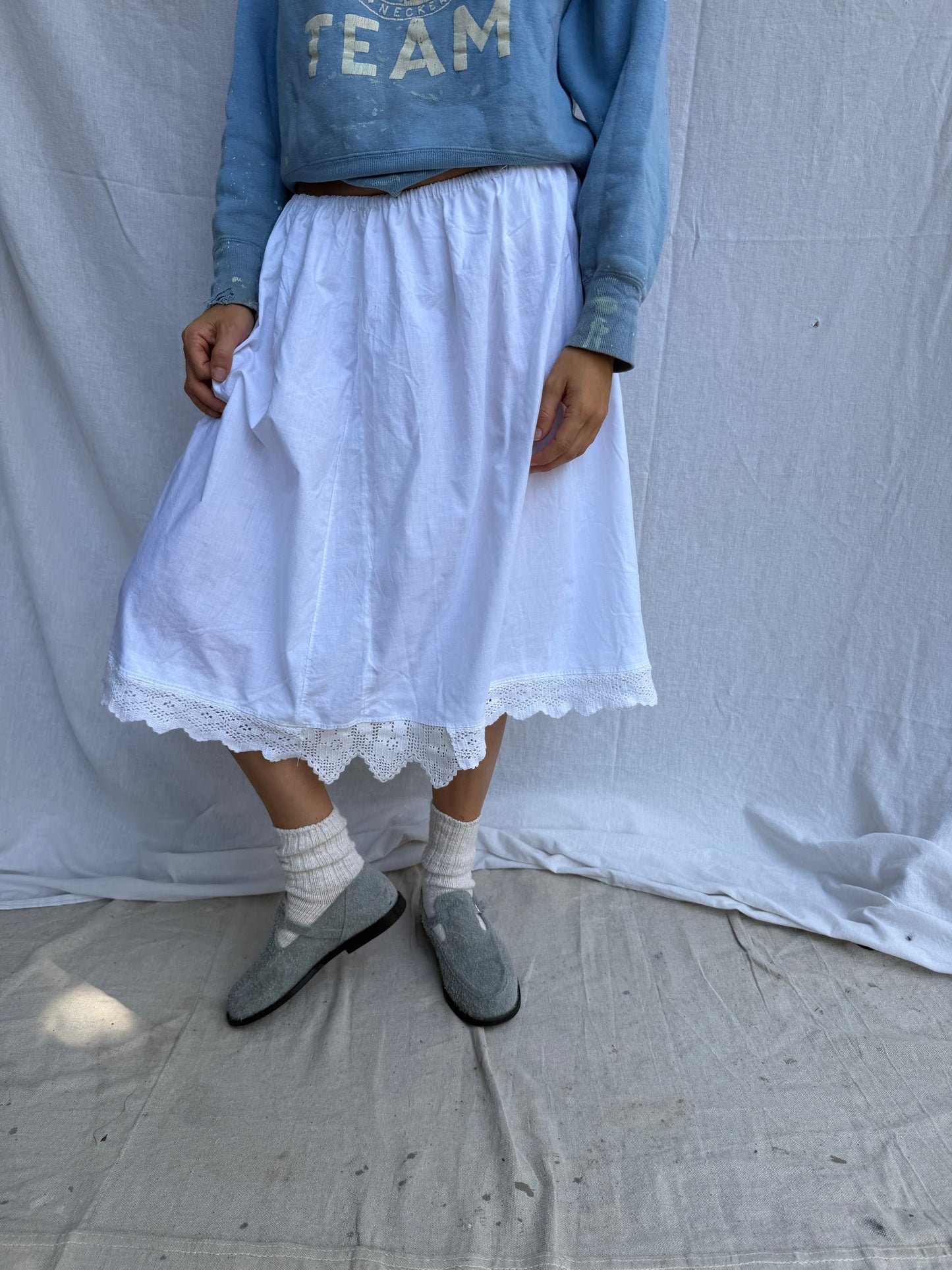 Antique Italian White Cotton Skirt w Crochet Scalloped Trim