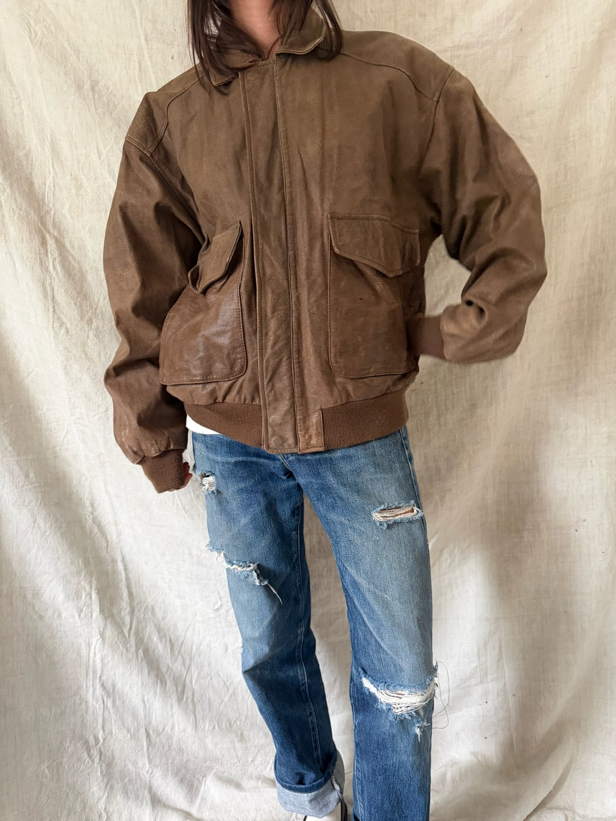 Faded Brown Leather Bomber