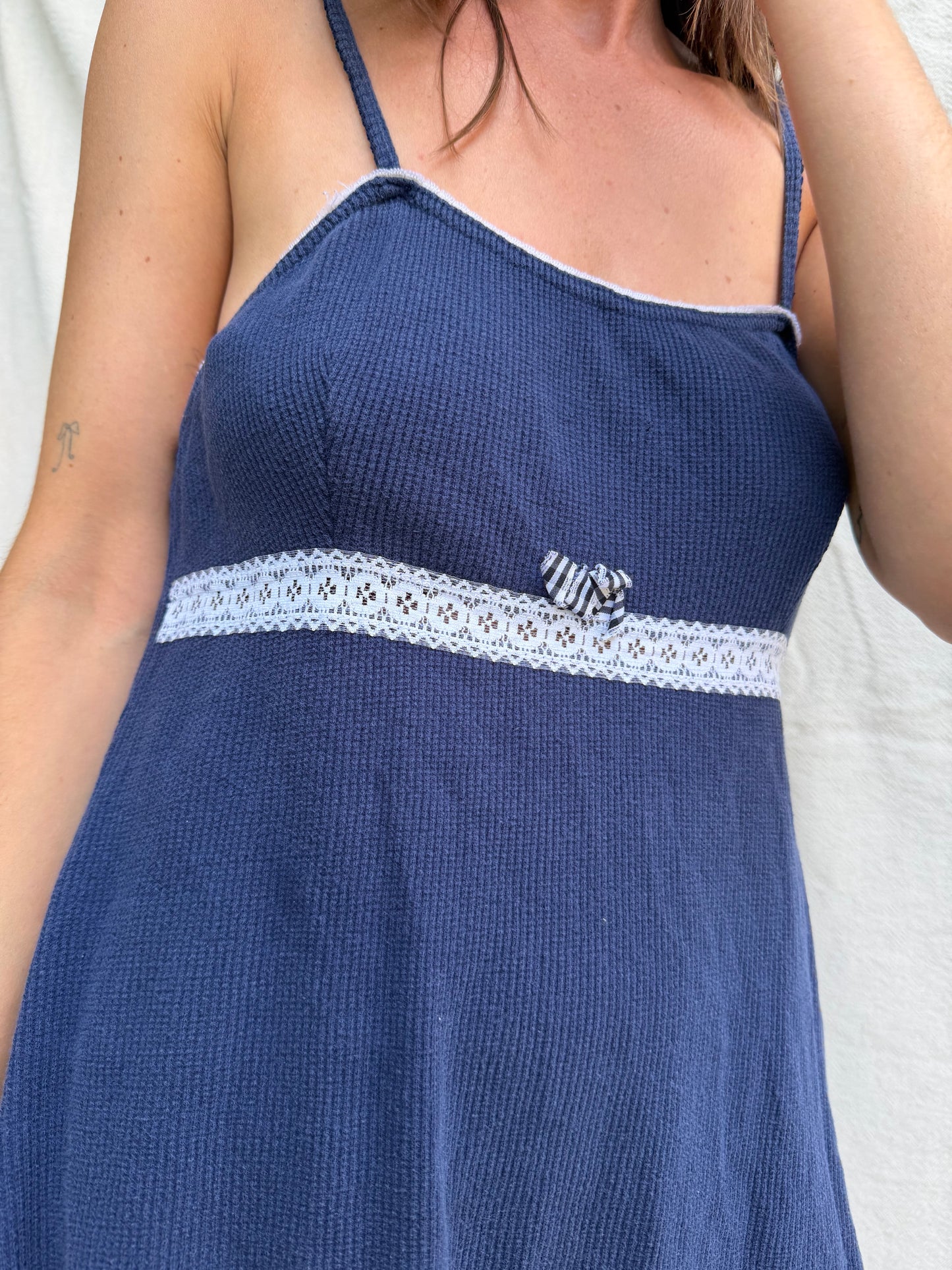 Navy Waffled Spaghetti Strap Dress