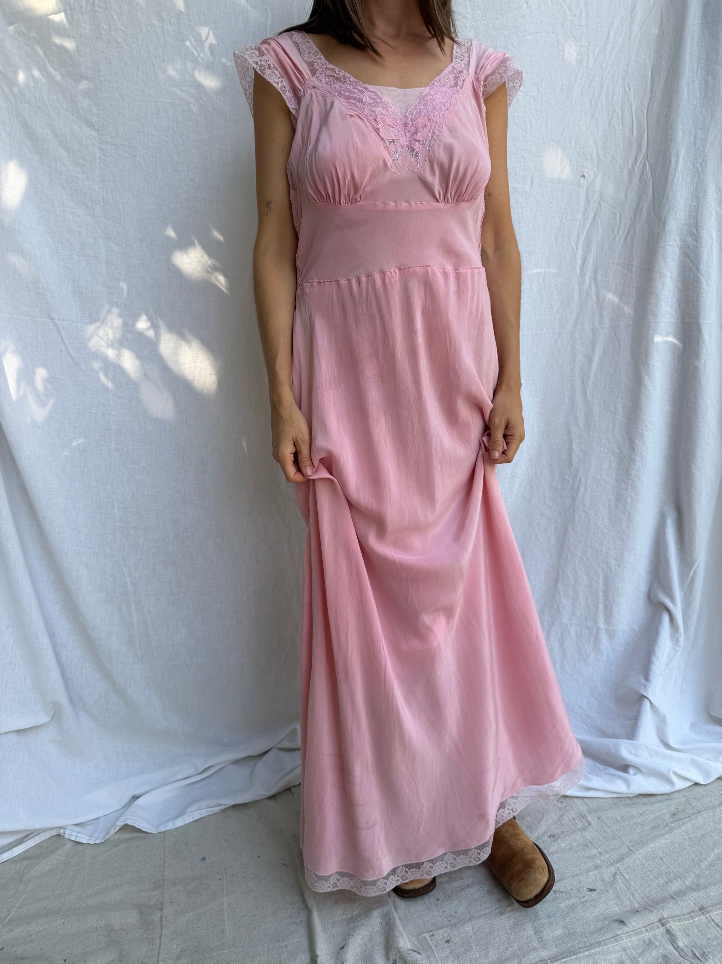 1940s Bubblegum Pink Long Satin Slip Dress