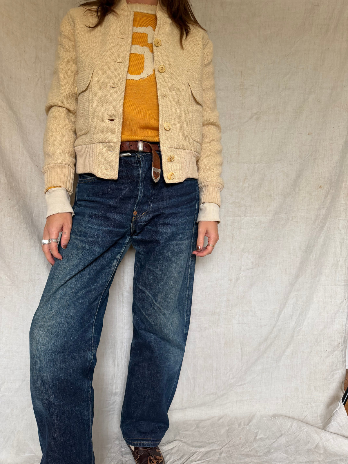 Cream Wool Knit Bomber Jacket