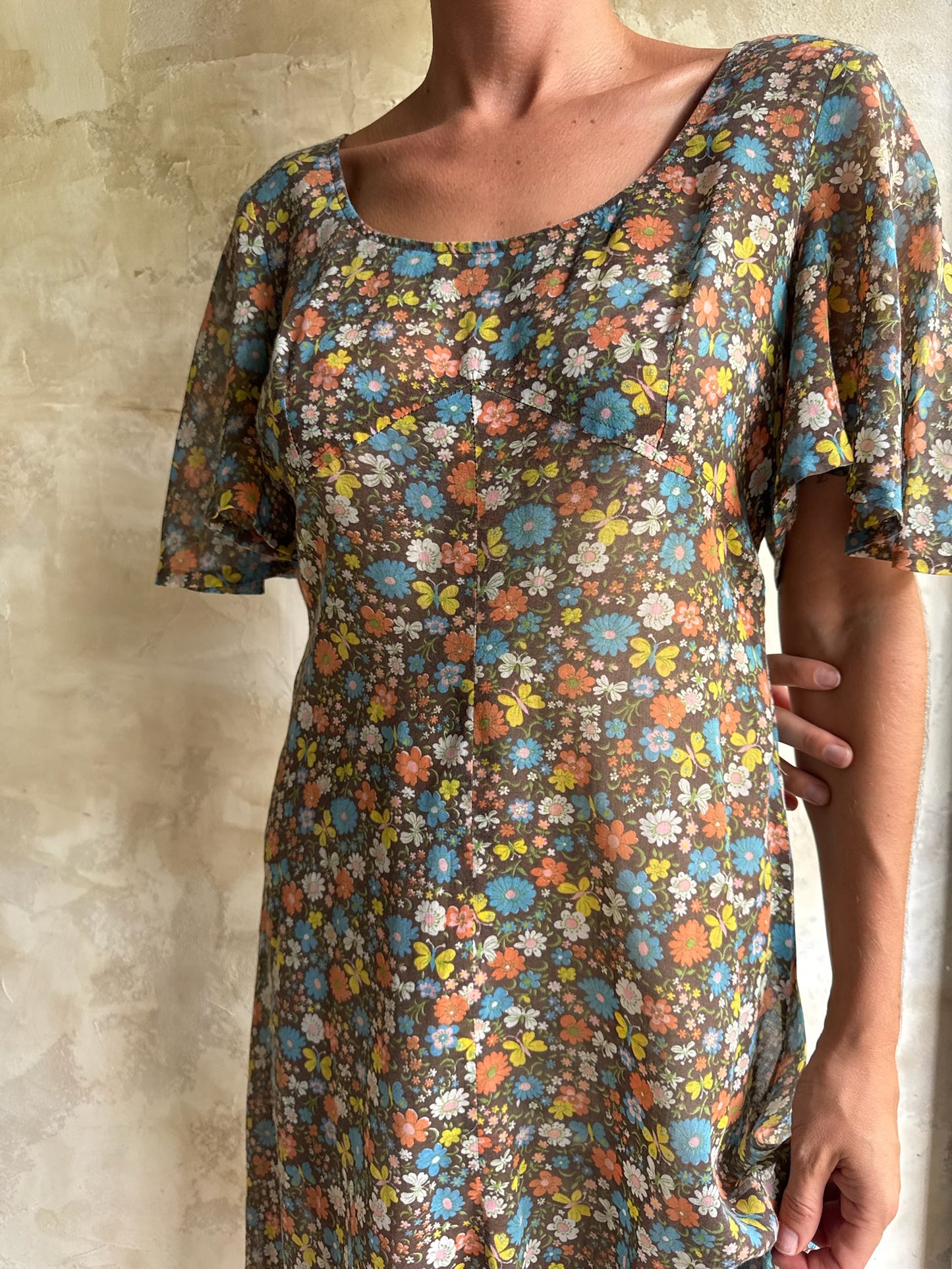Sheer 70s Brown Floral Dress