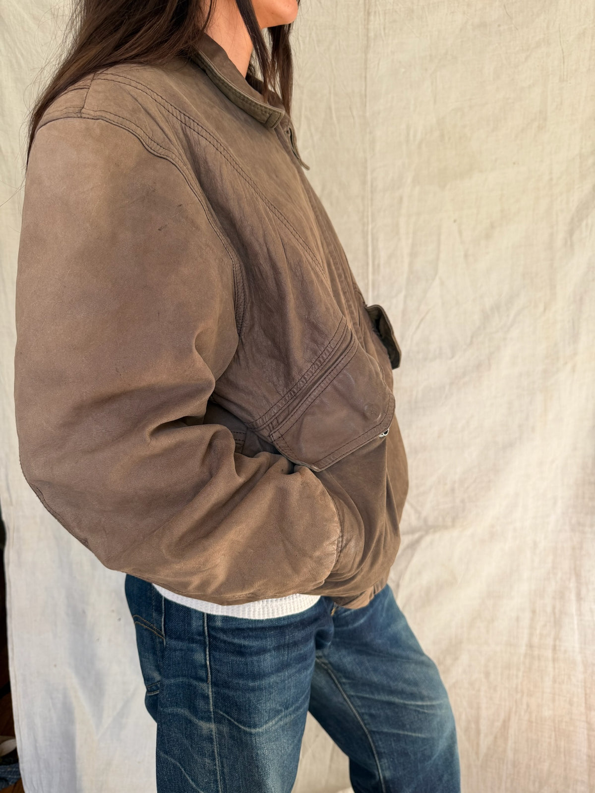 Faded Fawn Brown Leather Bomber Jacket