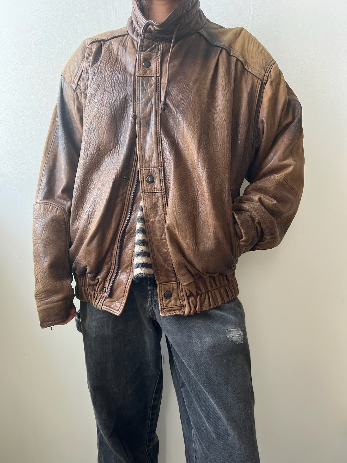 80s Faded Brown Leather Bomber Jacket