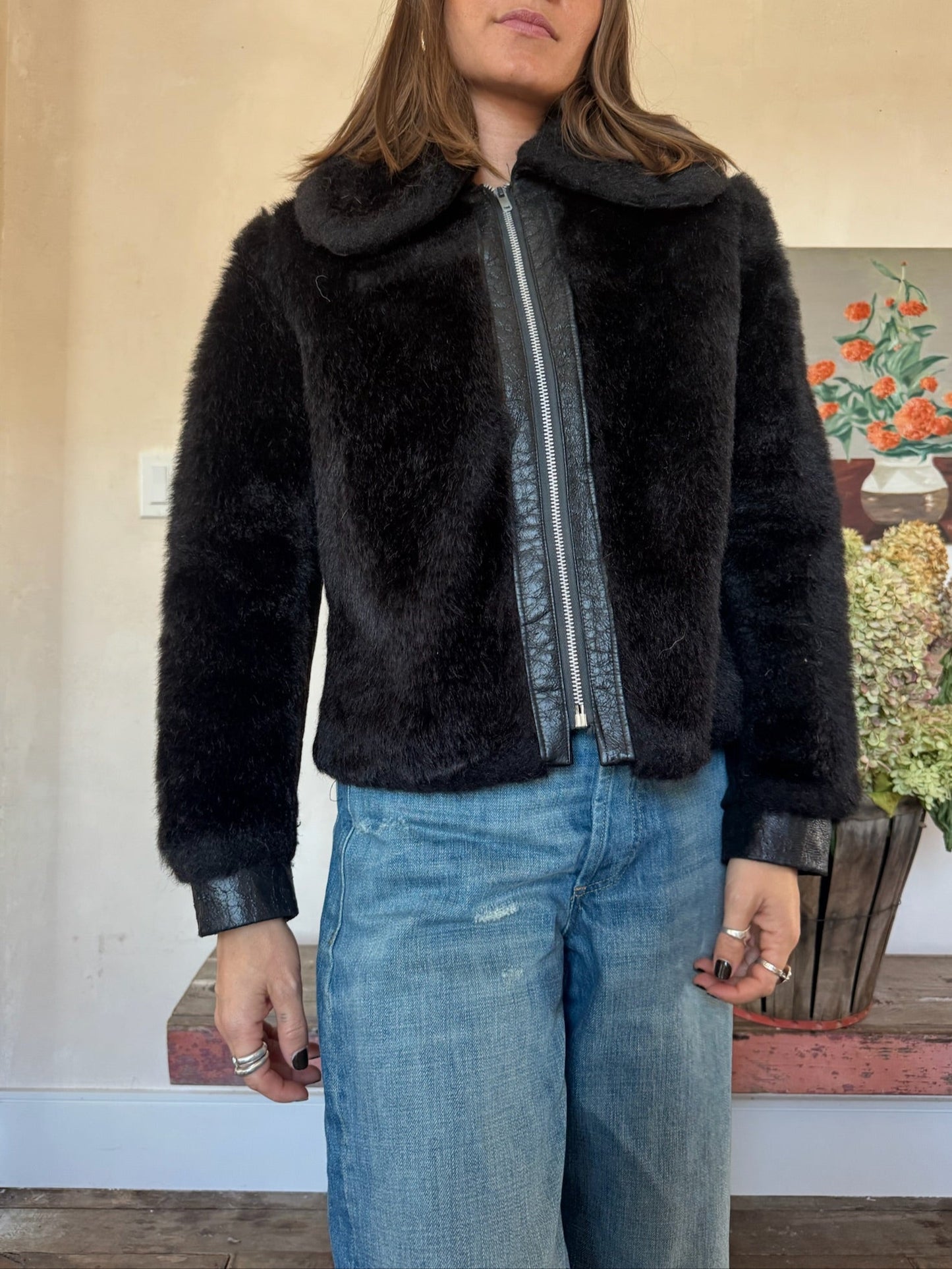 Cropped Black 70s Faux Fur Jacket