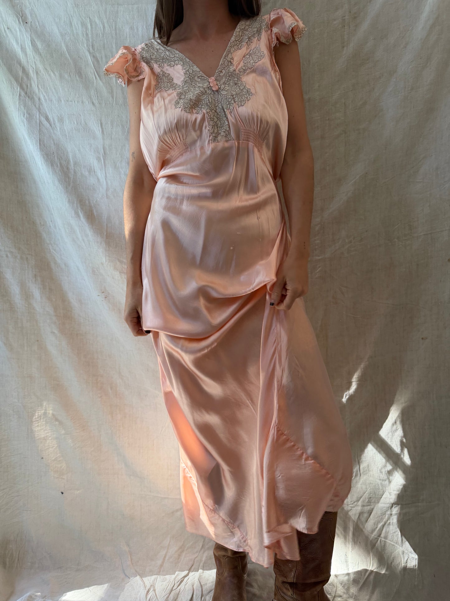 Ruffle Satin Peach Slip Dress