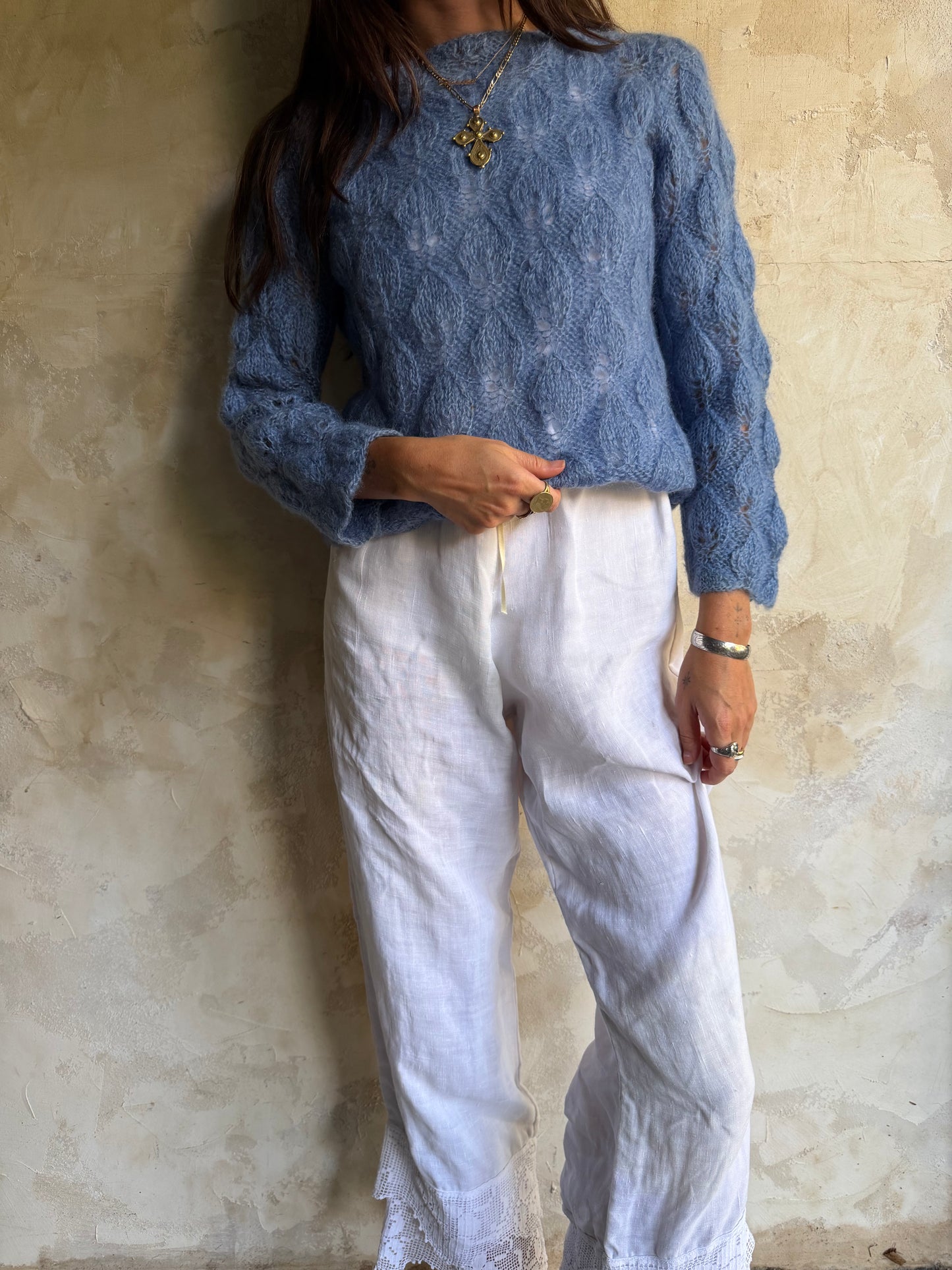 Sky Blue Braided Mohair Knit Sweater