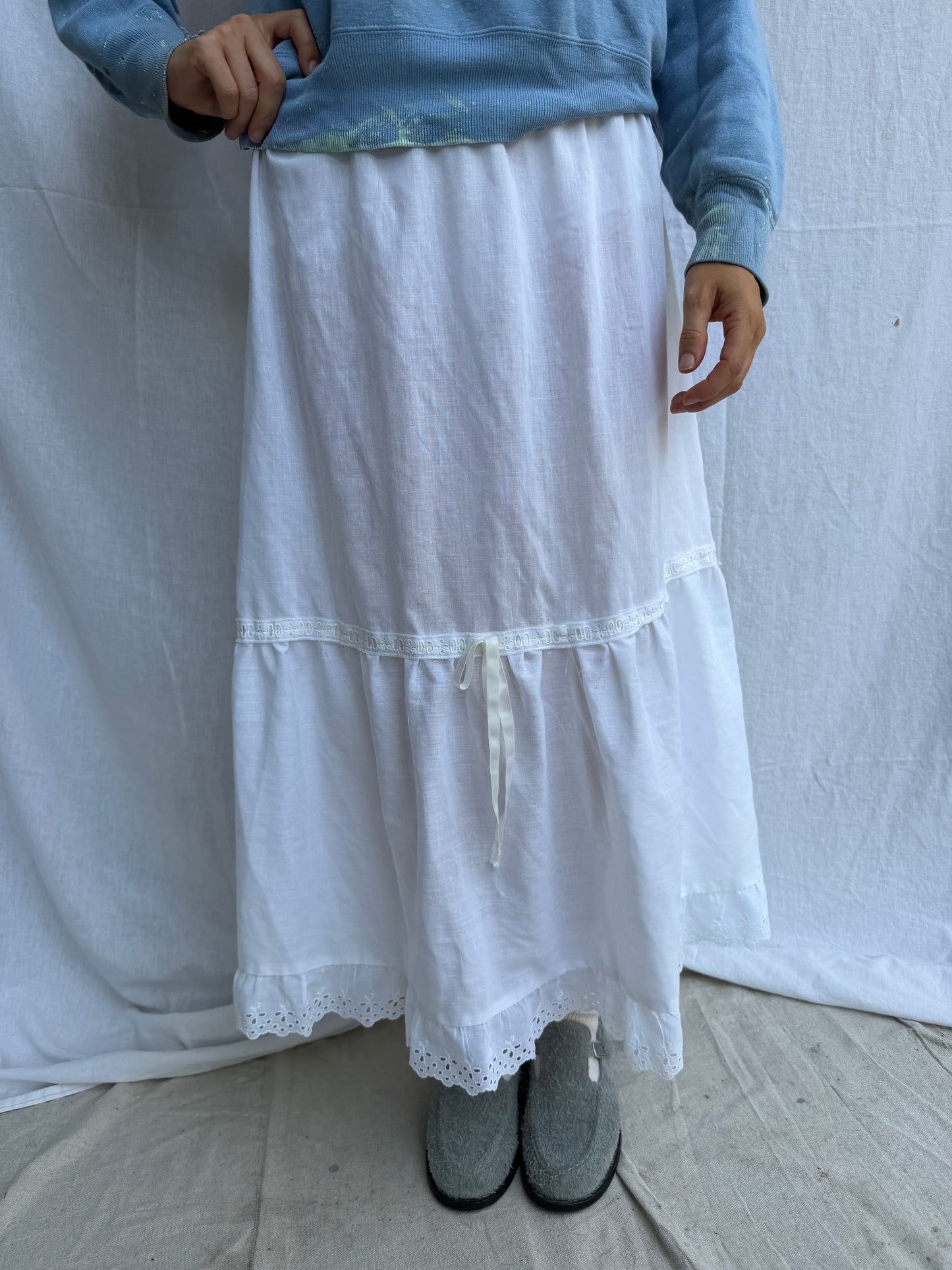 Long Sheer White Cotton Ruffle Skirt