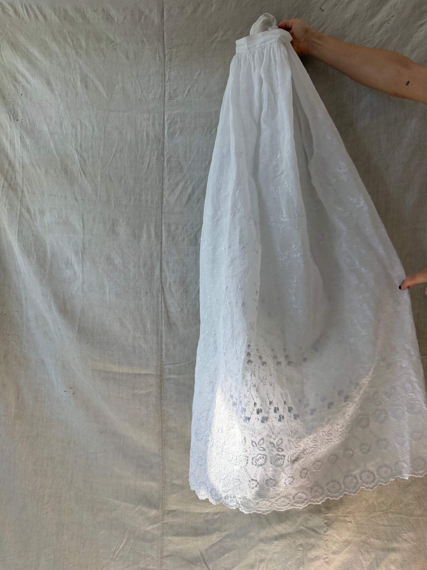 White Cotton Floral Embroidered Antique Long Skirt