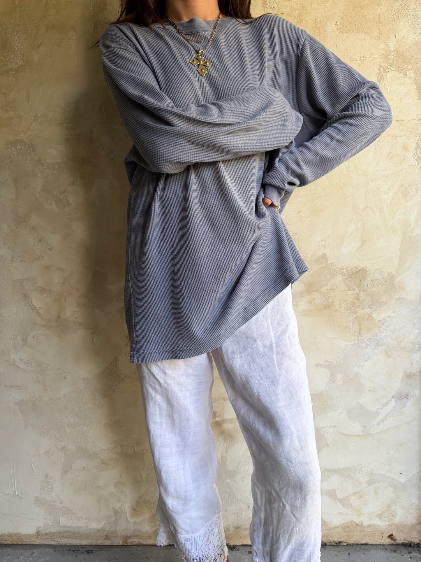 Faded Grey Waffled Henley