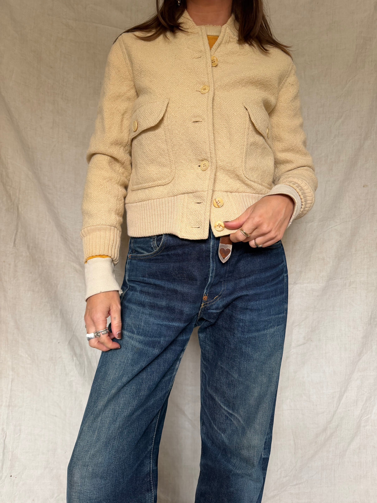 Cream Wool Knit Bomber Jacket