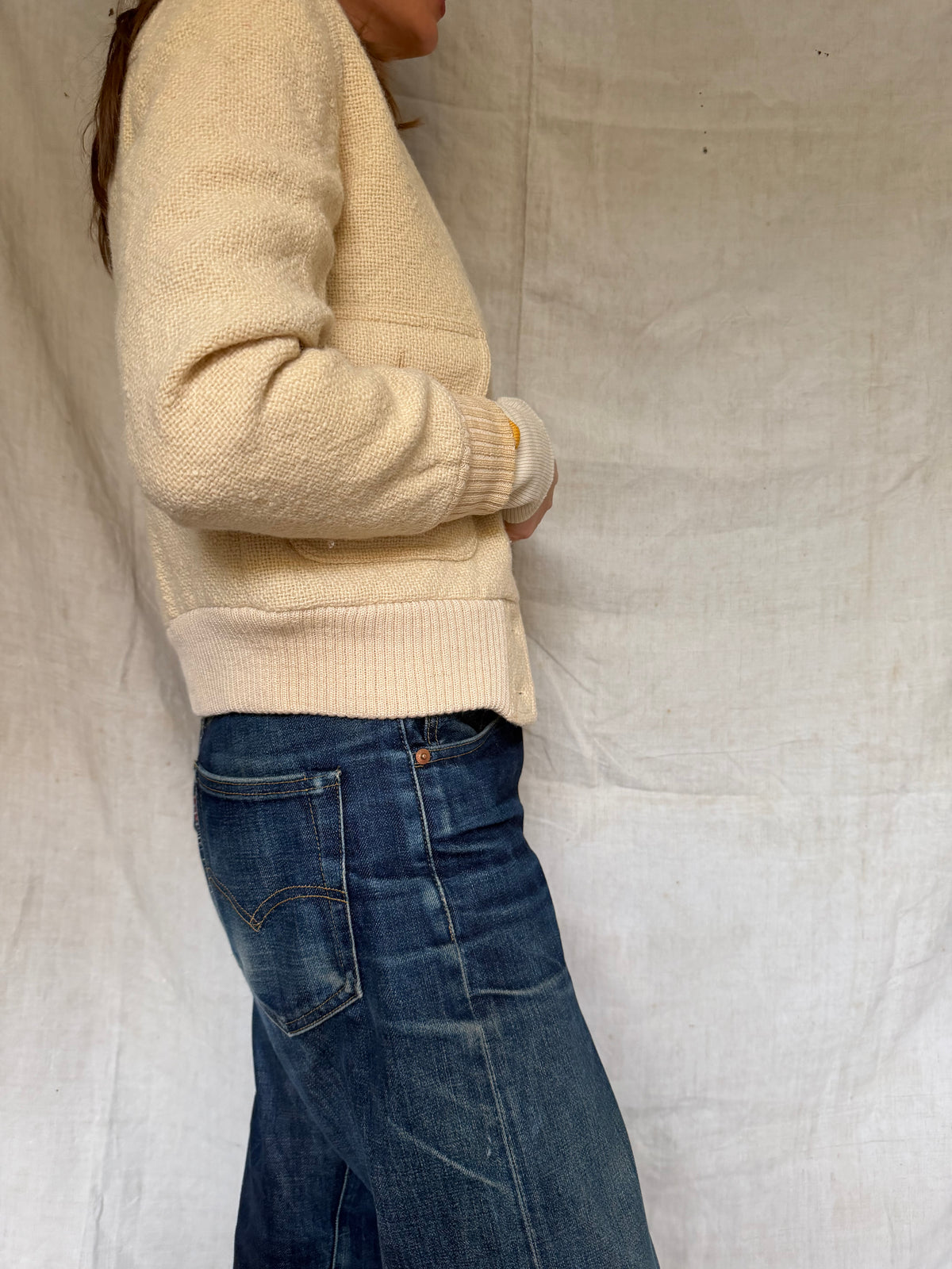 Cream Wool Knit Bomber Jacket