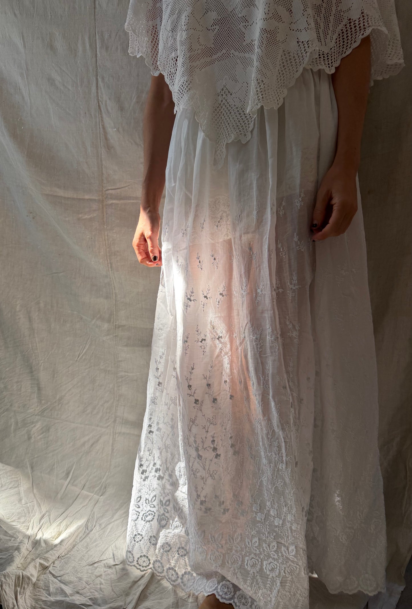White Cotton Floral Embroidered Antique Long Skirt