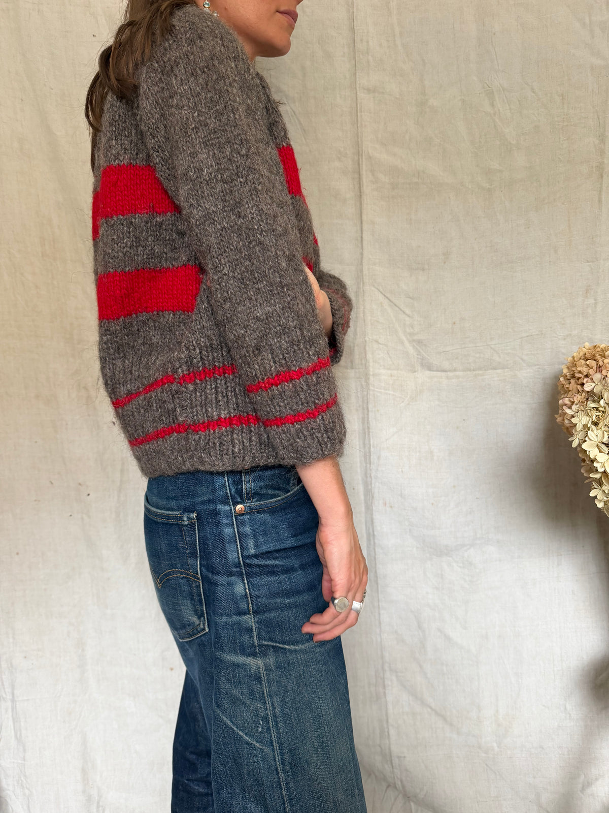 Handmade Striped Red and Fawn Sweater