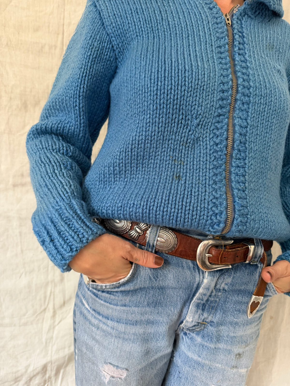Mended Sky Blue Zip Up Cowichan Sweater