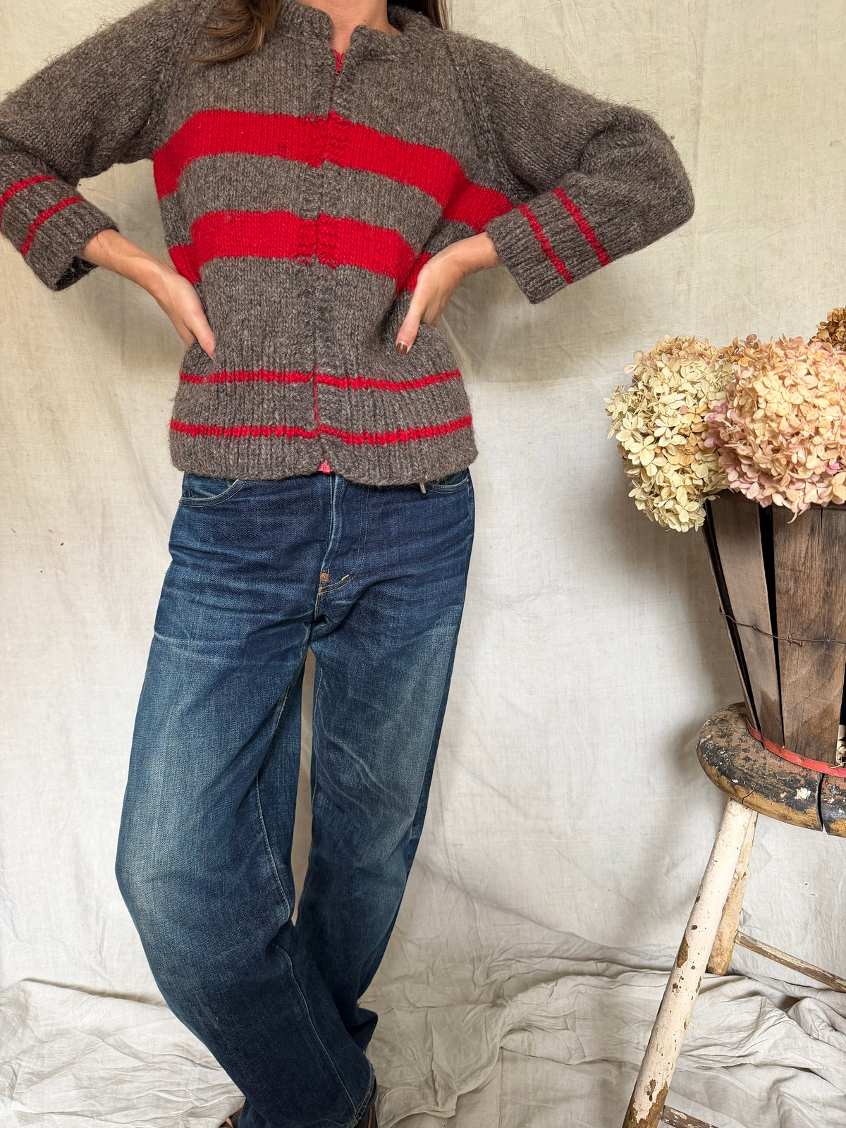 Handmade Striped Red and Fawn Sweater