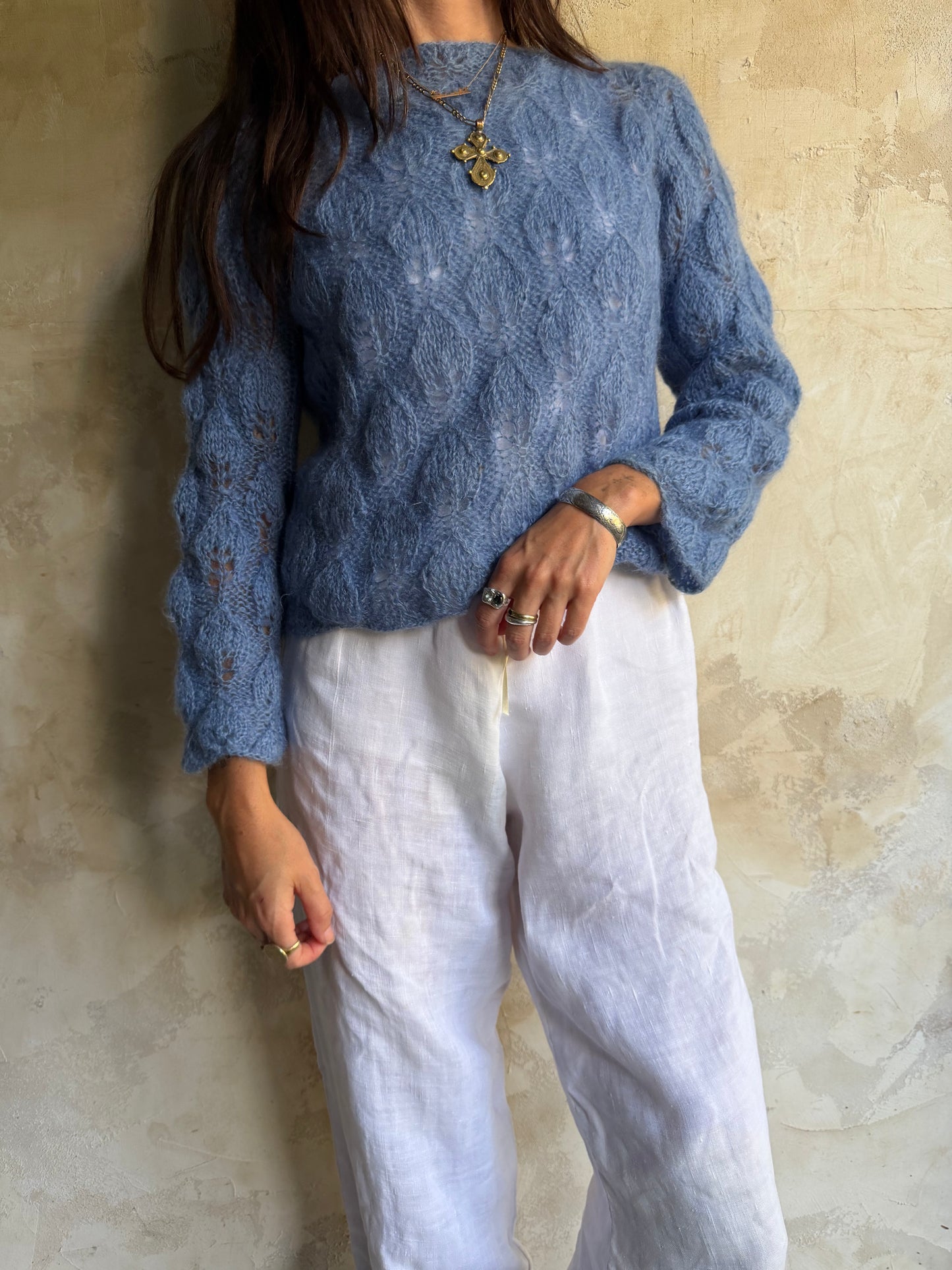 Sky Blue Braided Mohair Knit Sweater