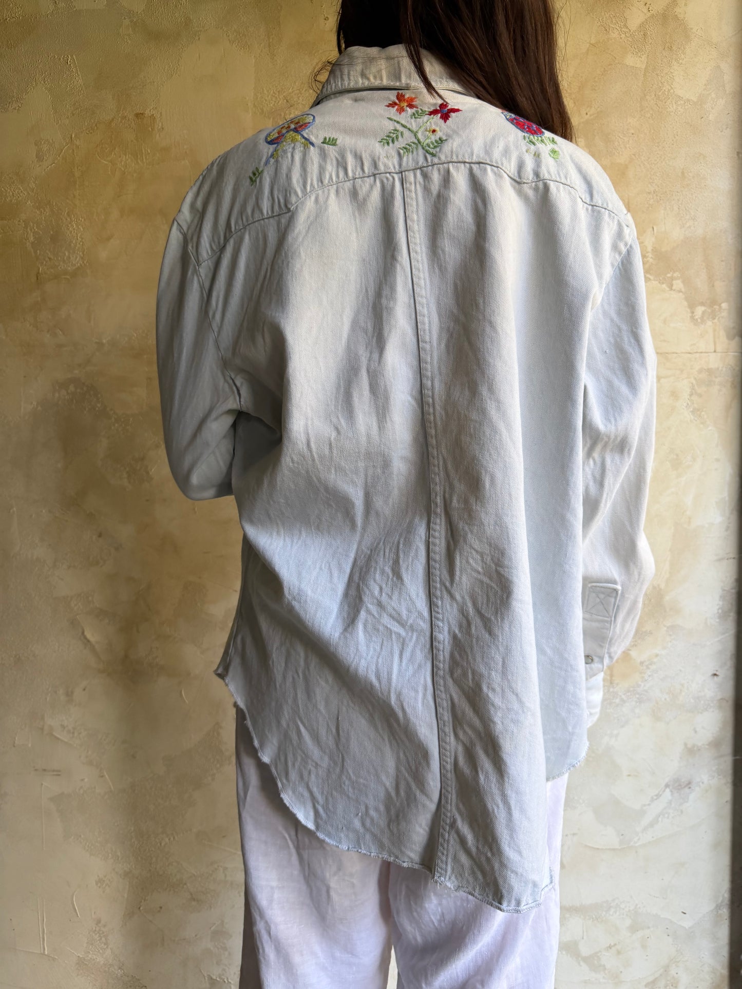 80s Hand Embroidered Light Wash Denim Button Up