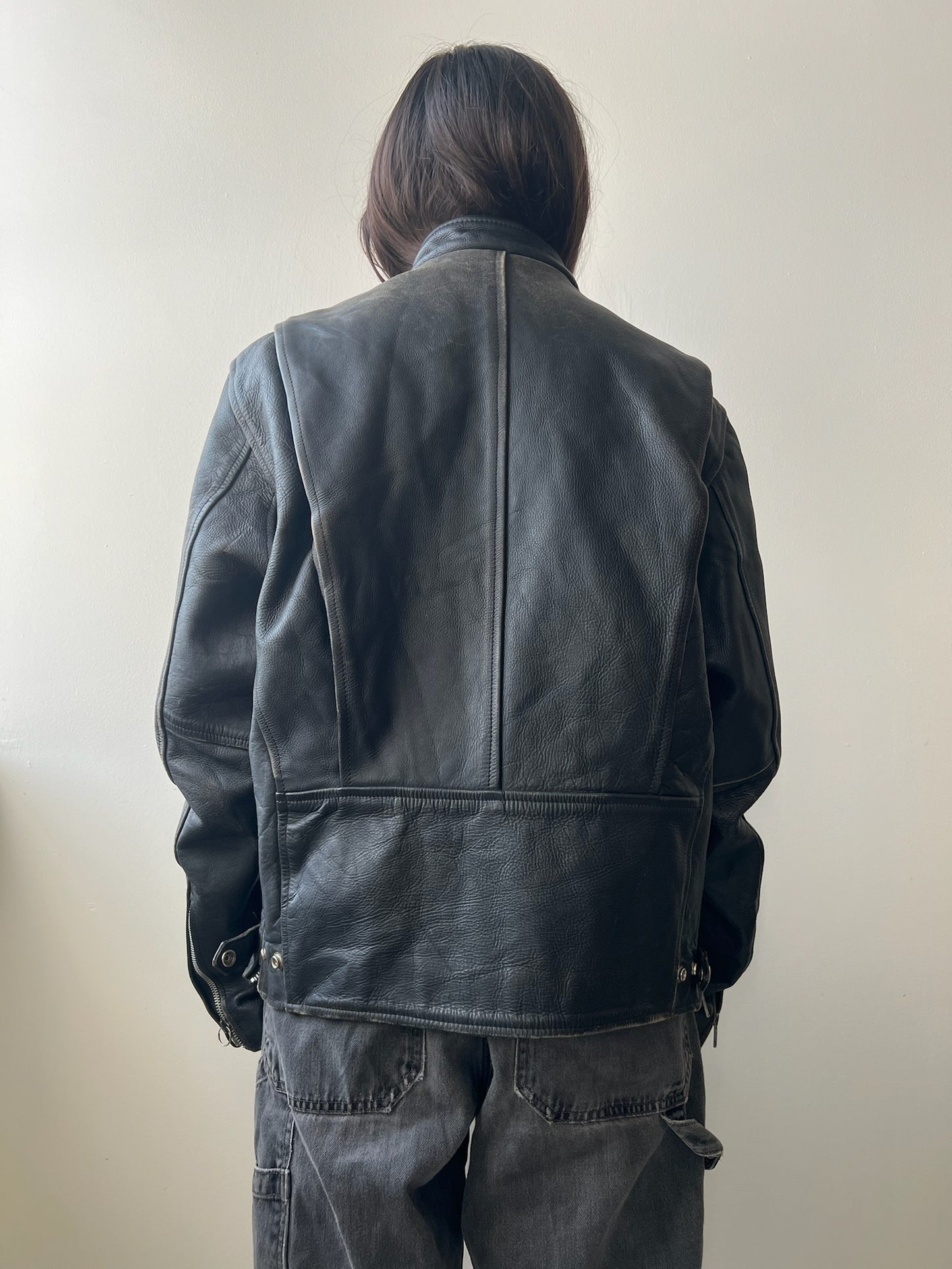 Faded Black Leather Biker Jacket
