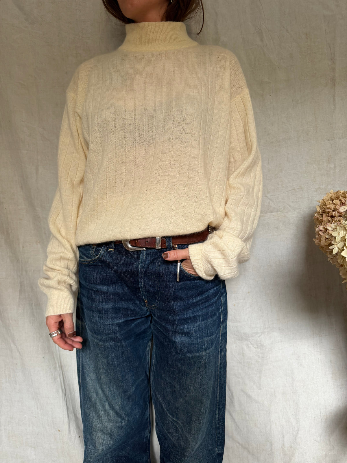 Cream Ribbed Mock Turtle Neck Sweater