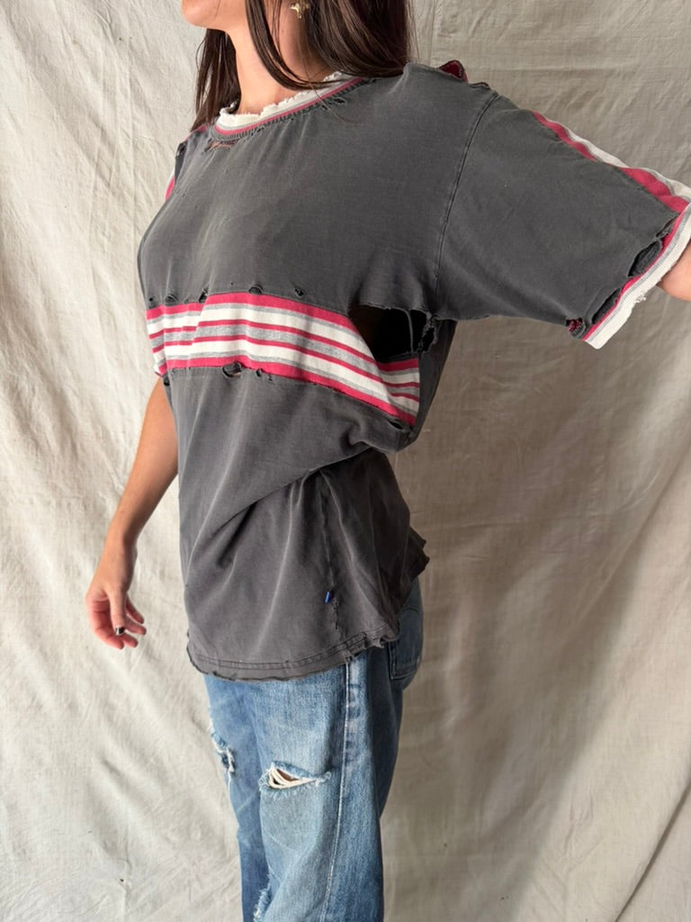 Super Distressed Grey + Red Striped Tee