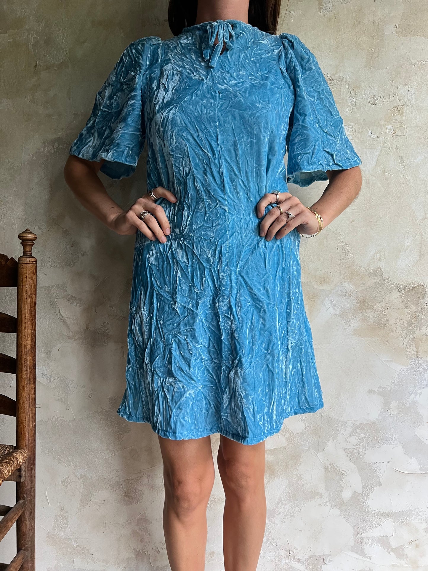 Blue Crushed Velvet Mini Dress