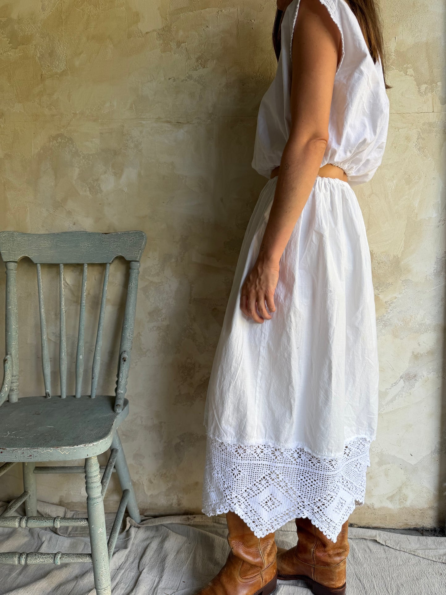 Reworked Cotton Skirt with Antique Crochet Trim