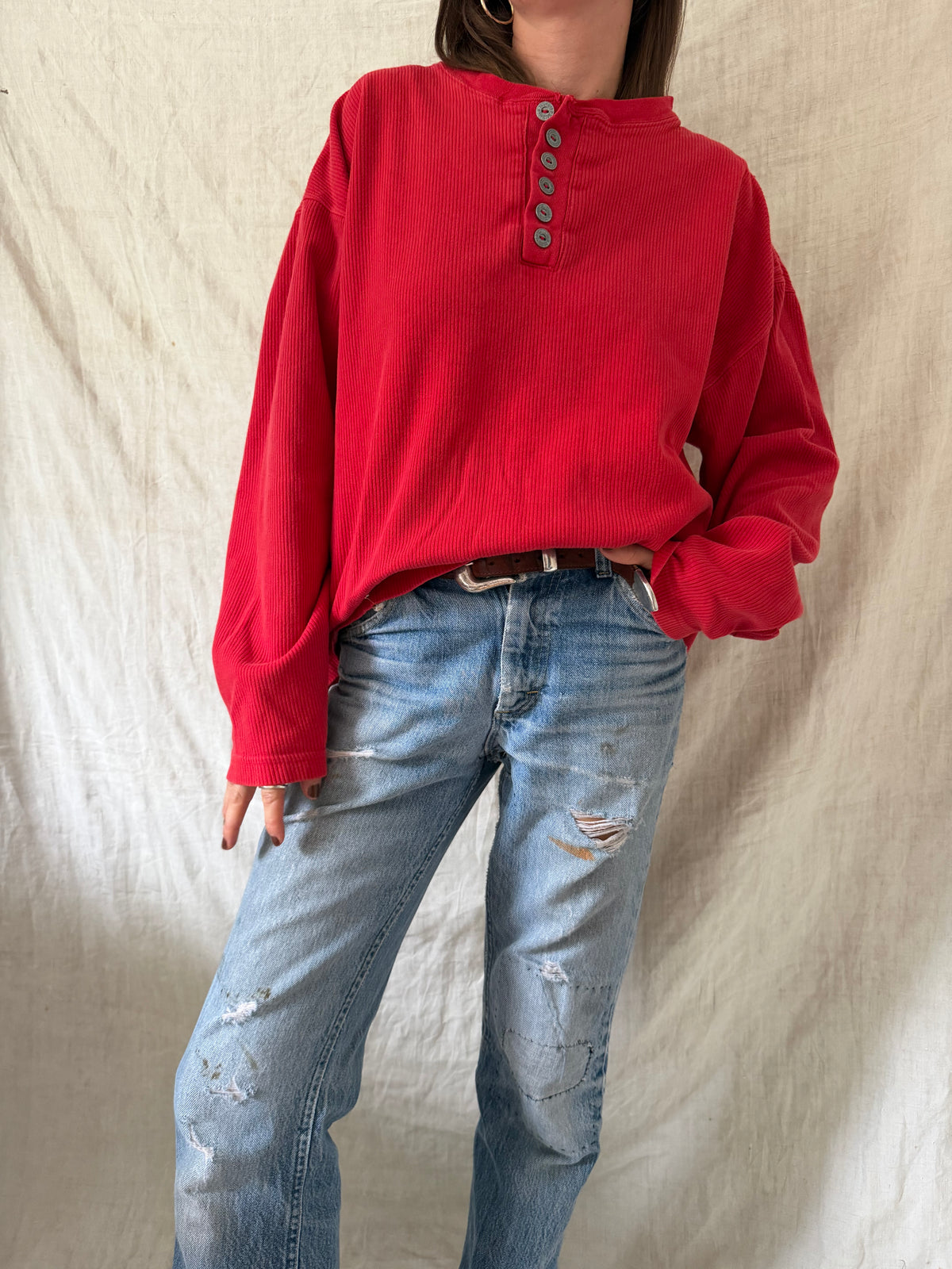 Red Ribbed Marlboro Henley