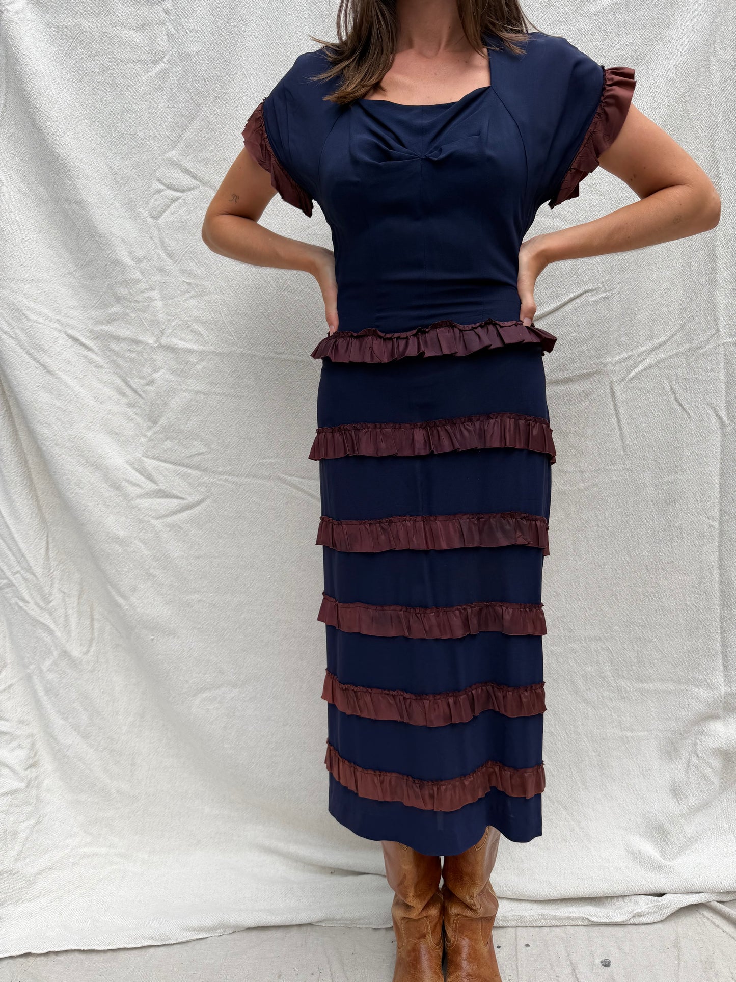 1940s Navy Ruffle Dress