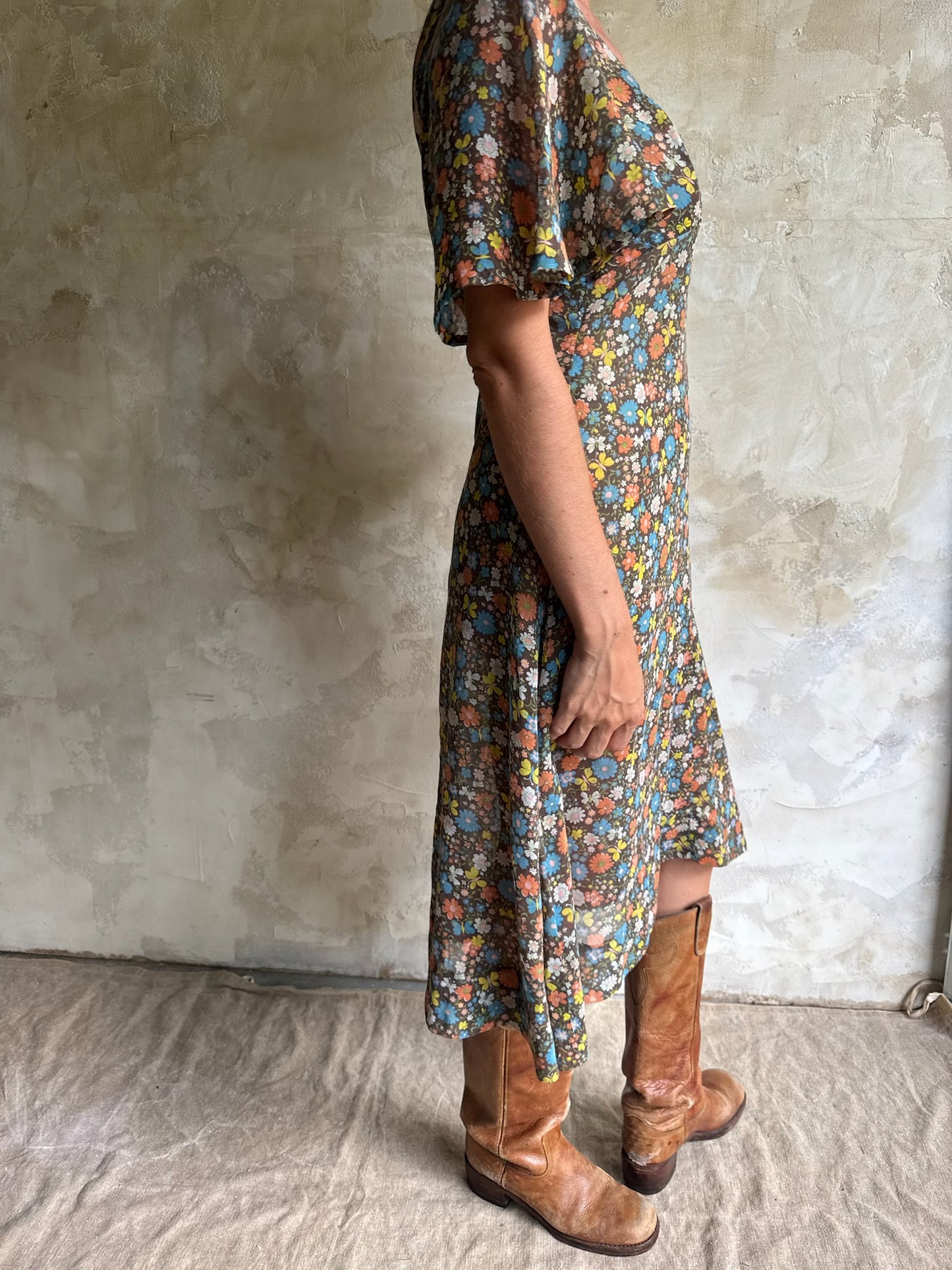 Sheer 70s Brown Floral Dress