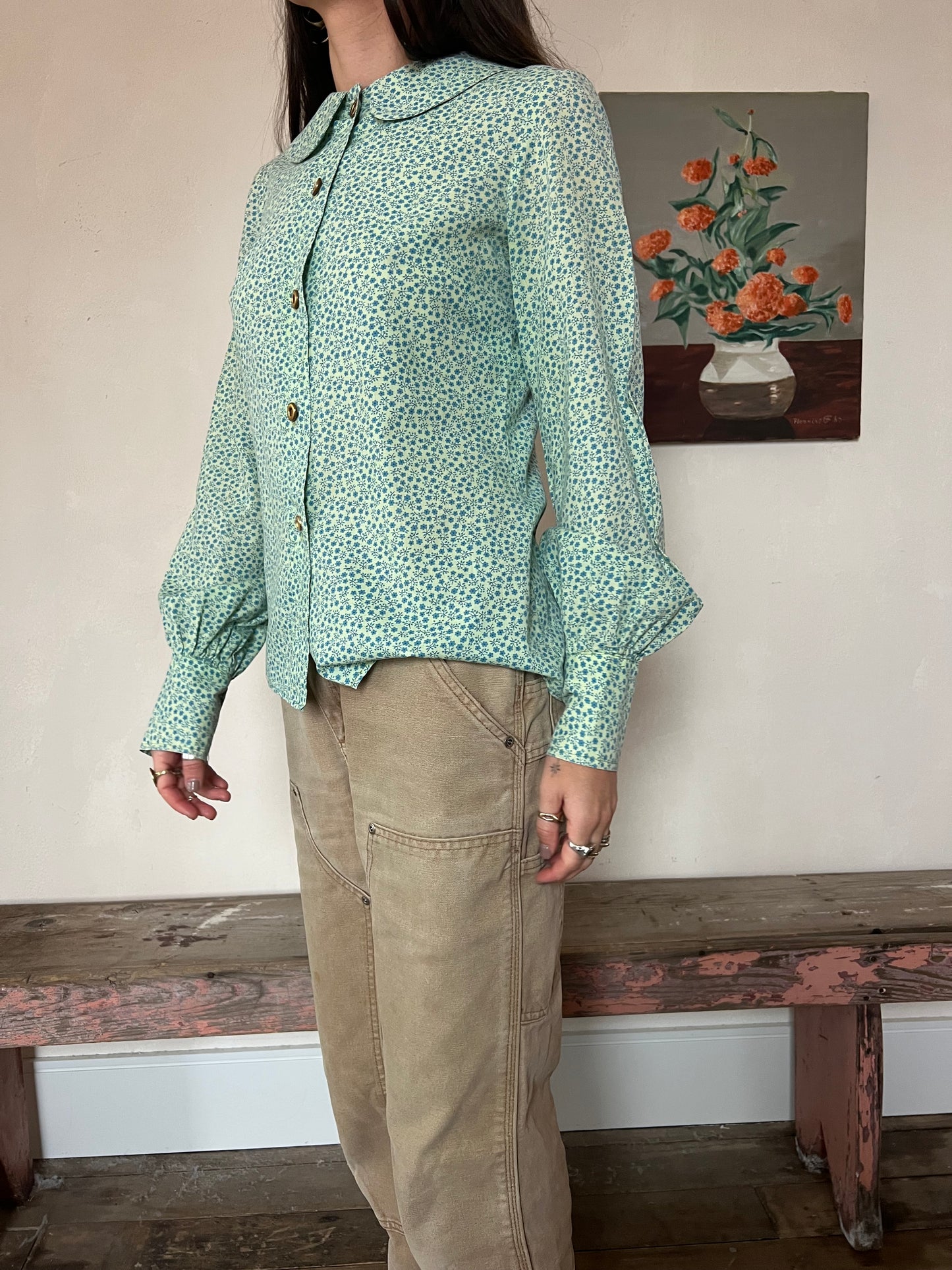 Green + Blue Floral Blouse