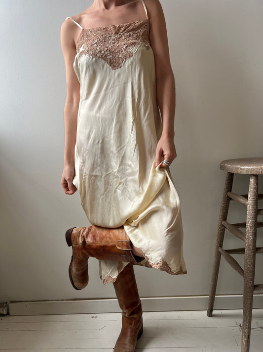 Cream and Tan Lace 1930s Silk Slip