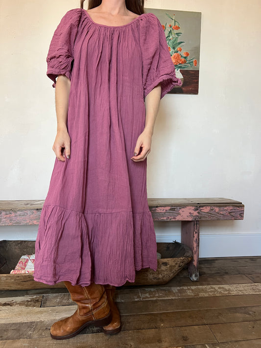Oaxacan Balloon Sleeve Dress in Berry