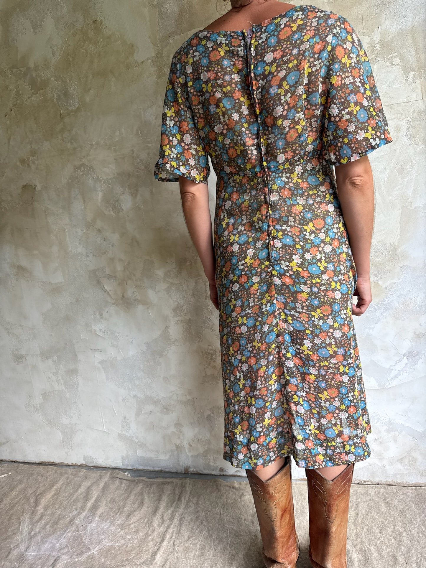 Sheer 70s Brown Floral Dress