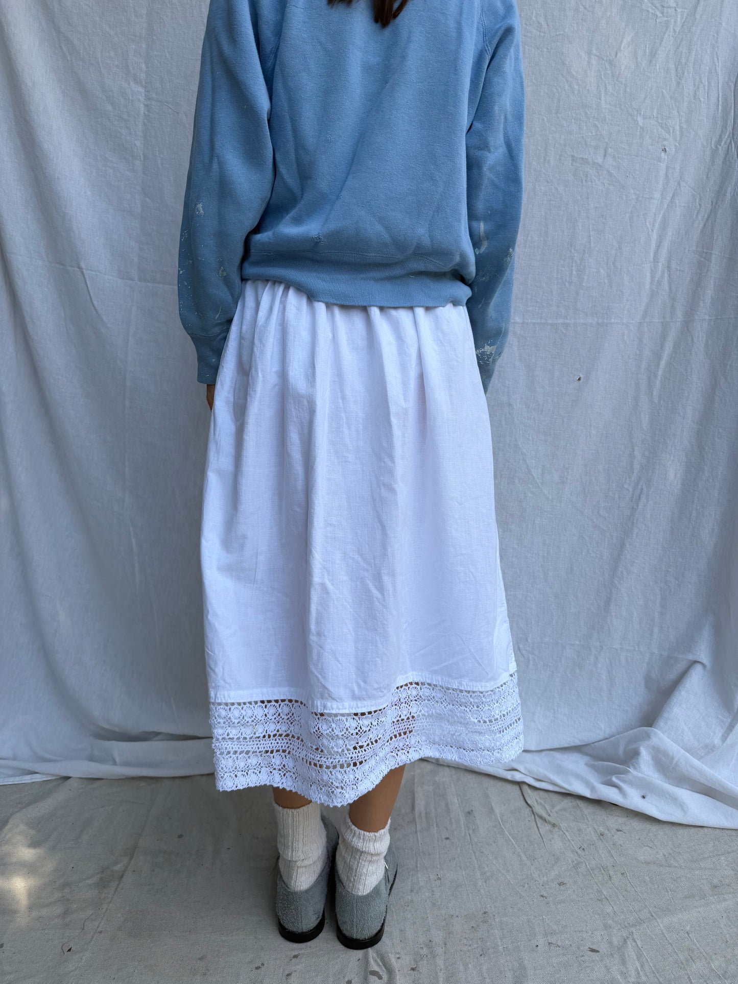Antique Italian White Cotton Skirt w Crochet Trim