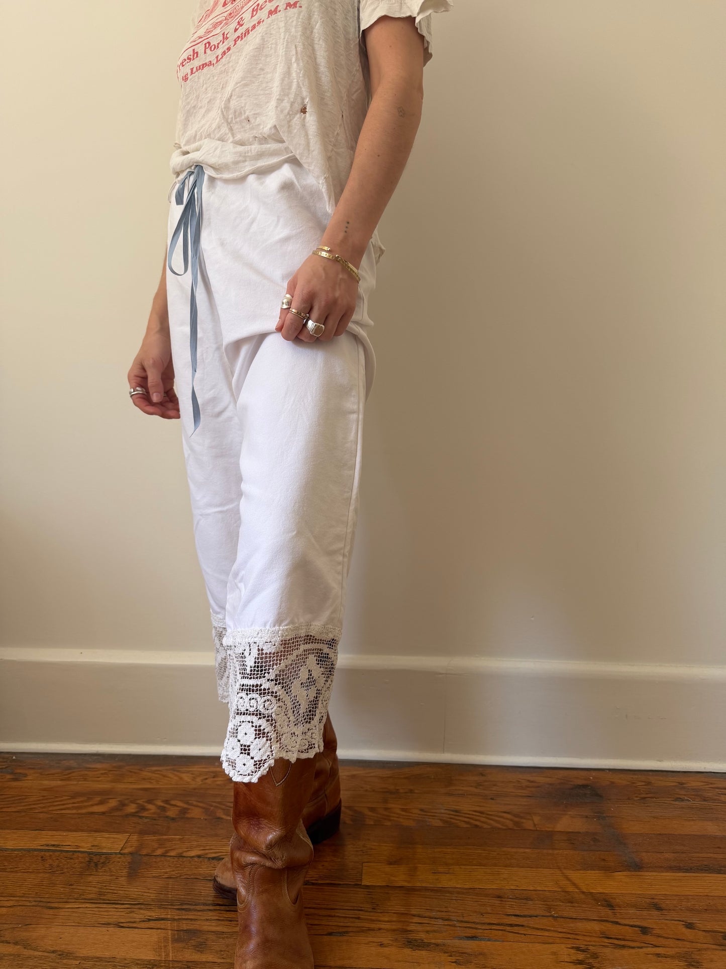 Reworked Cotton Bloomer Pants With Antique Crochet Trim