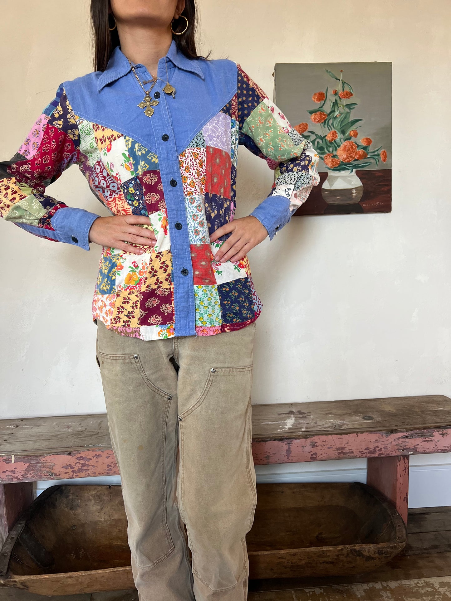 70s Funky Patchwork Patterned Button-Up