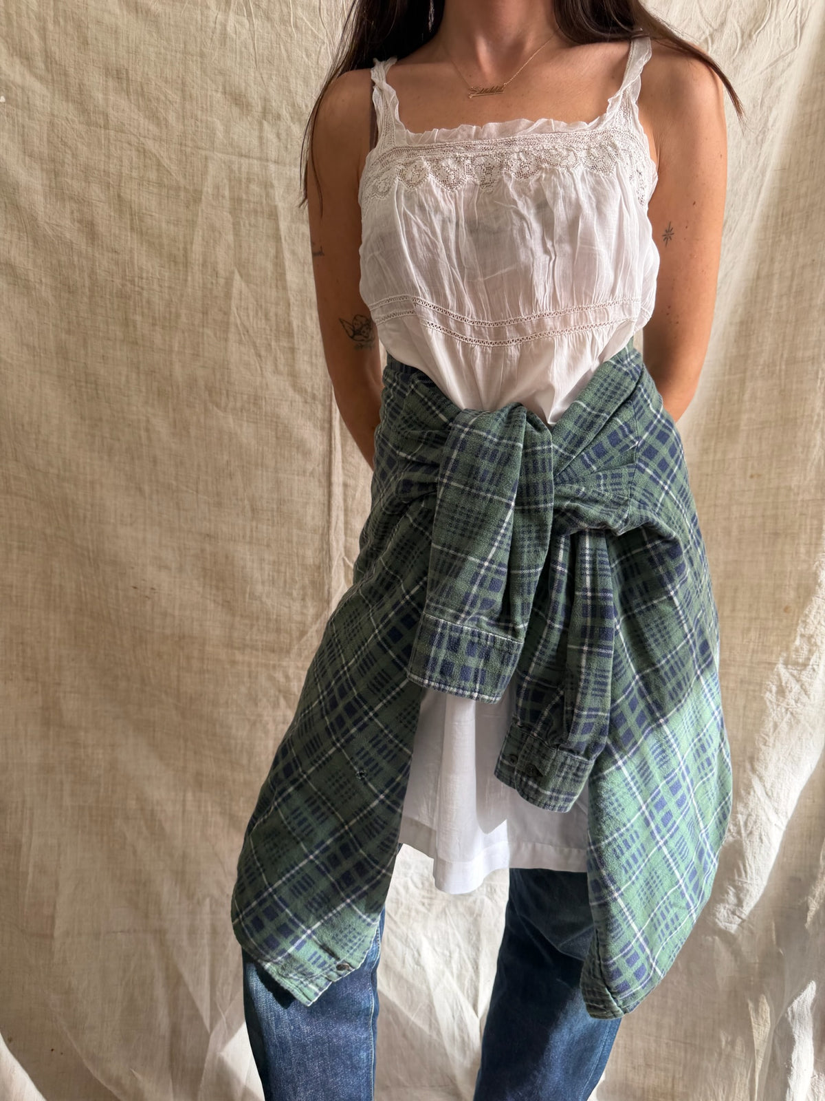 Antique French Cotton Slip with Mesh Ruffle