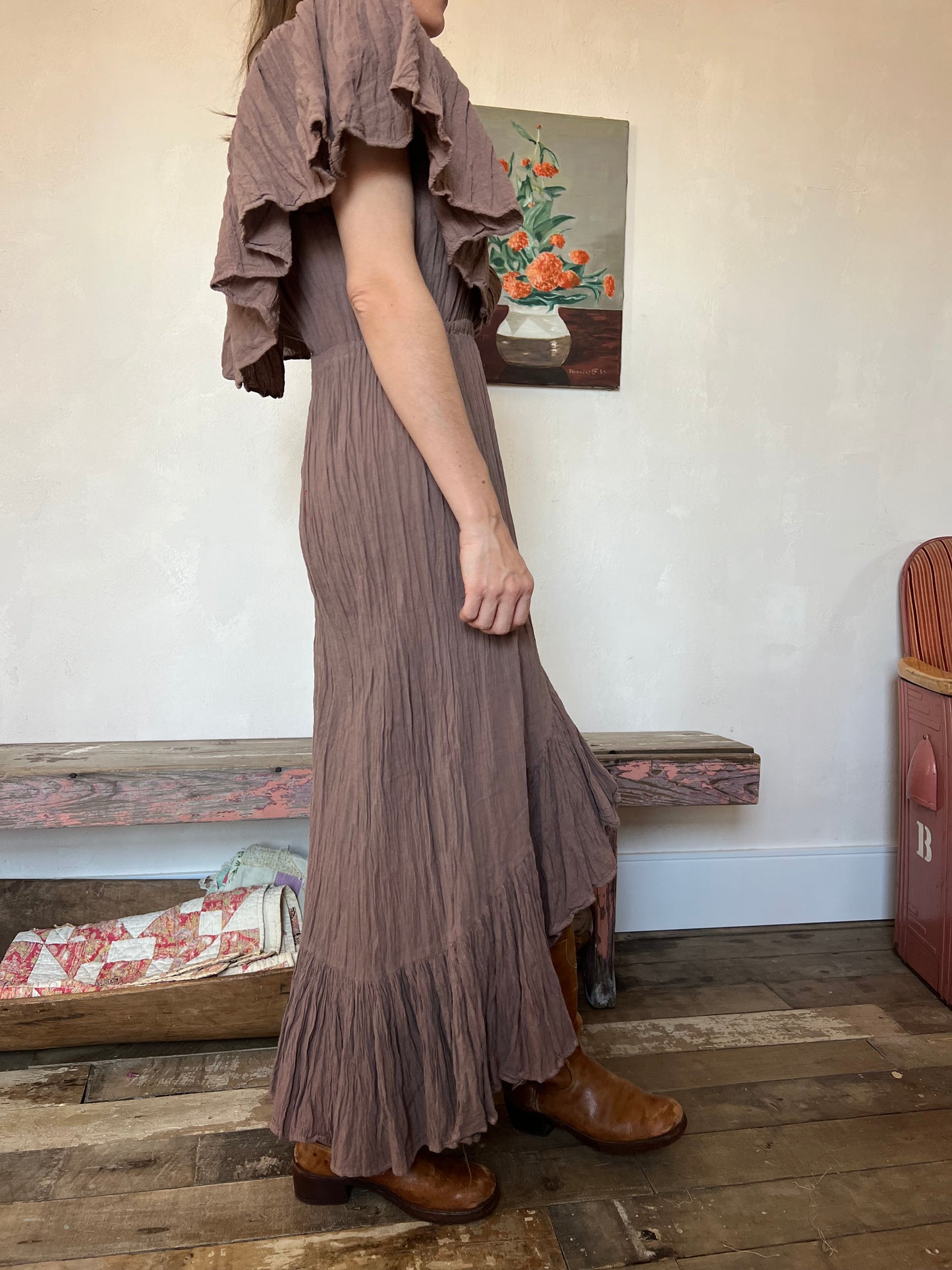 Oaxacan Off the Shoulder Ruffle Dress in Fawn