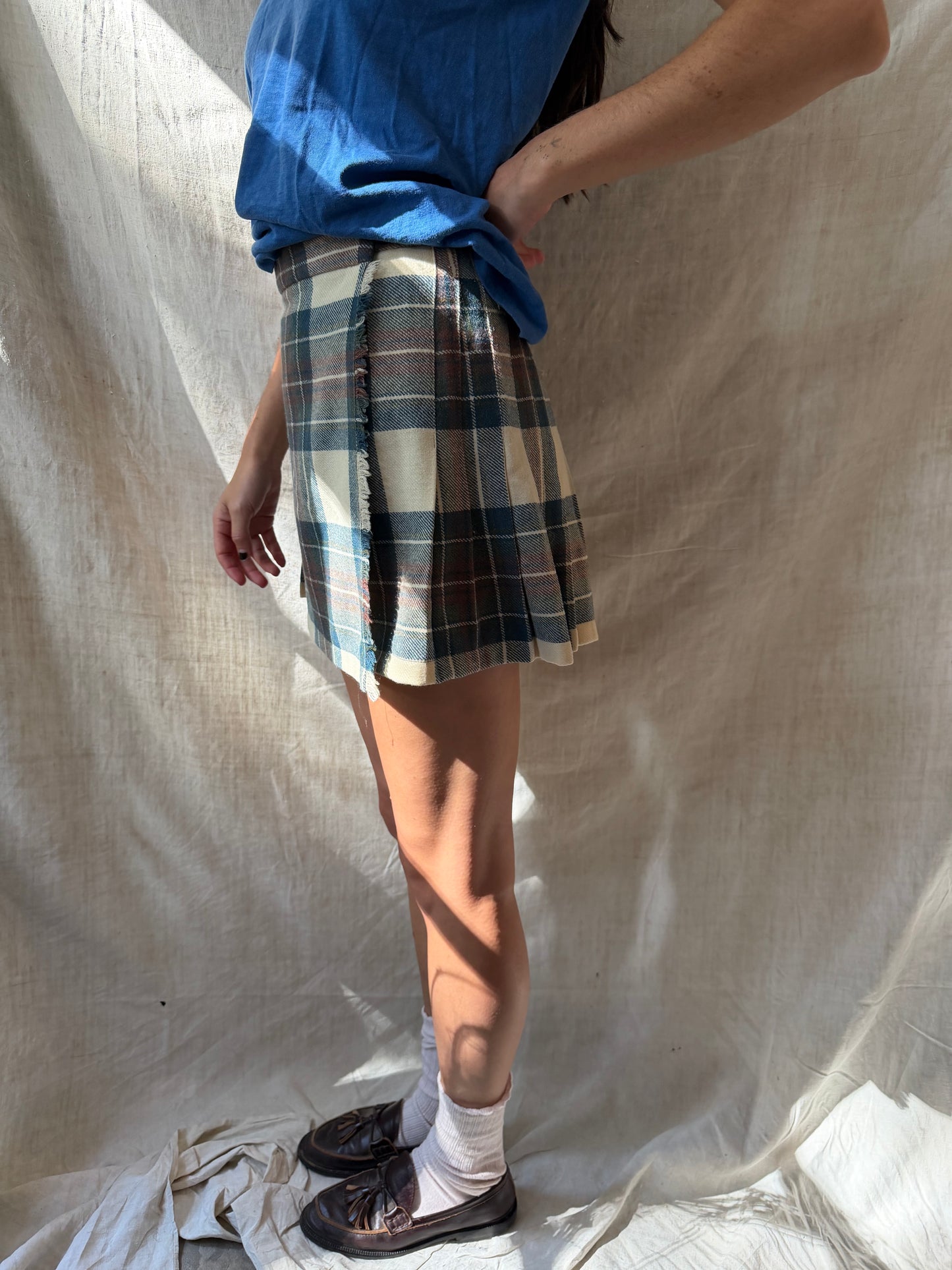 Cream, Brown + Blue Cropped Kilt