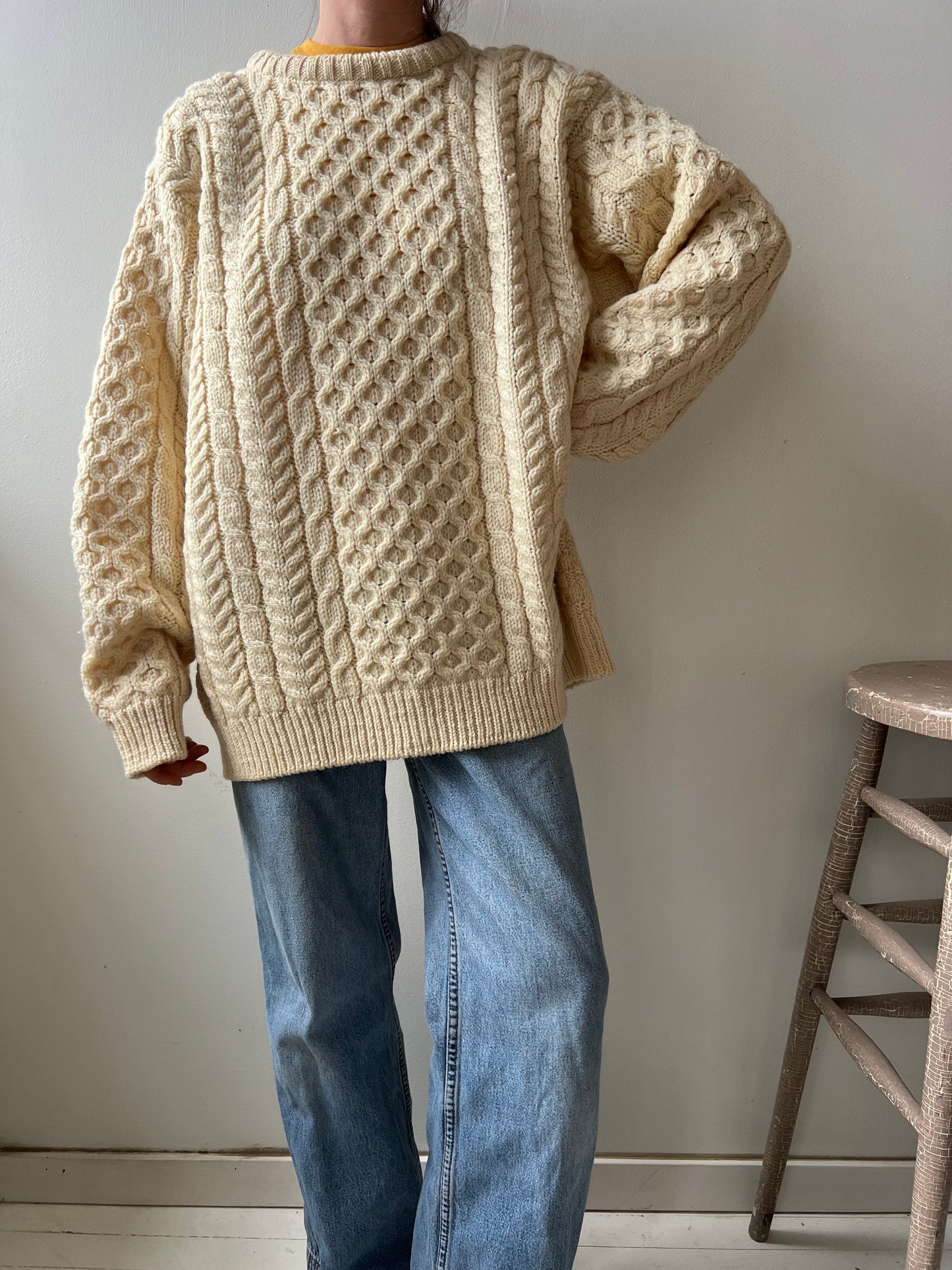 LL Bean Cream Fisherman Wool Sweater